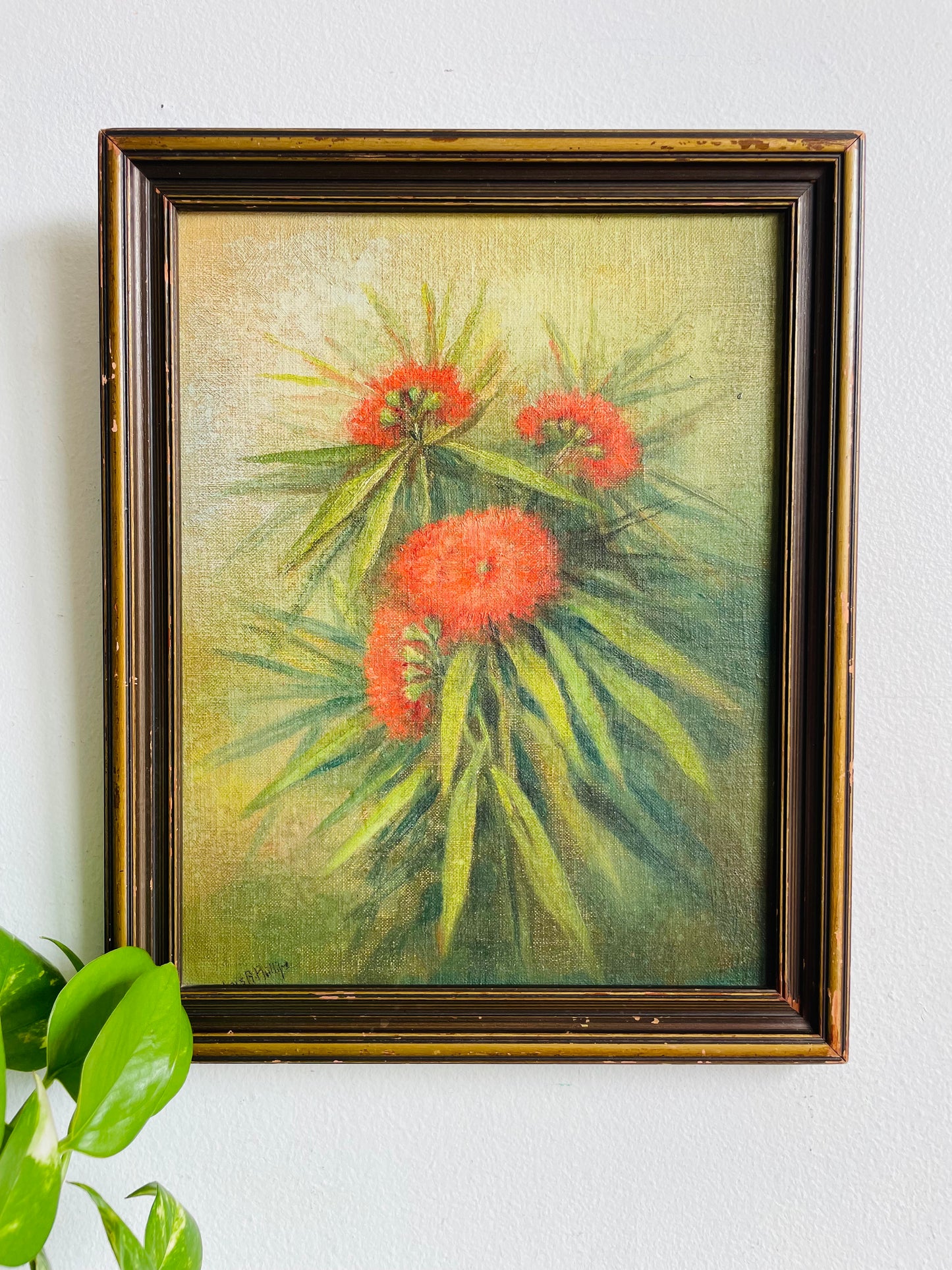 Vintage Very Old Original Art Painting of Red Flowers Among Green Foliage in Dark & Moody Colours - Artist Signed