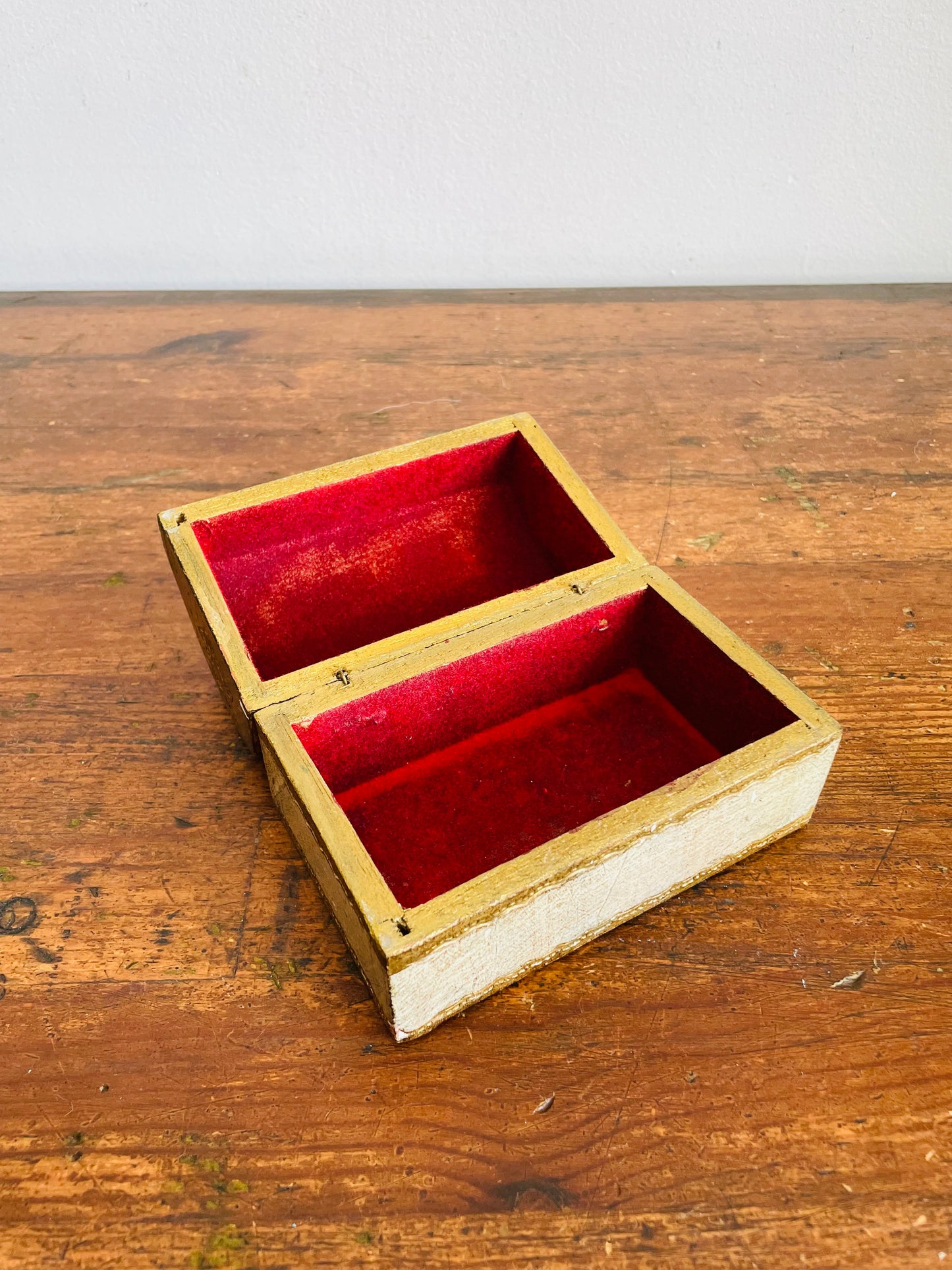 Vintage Florentine Wooden Trinket Box with Rounded Hinged Lid - Gold & Floral Hand Painted Design - Interior Lined