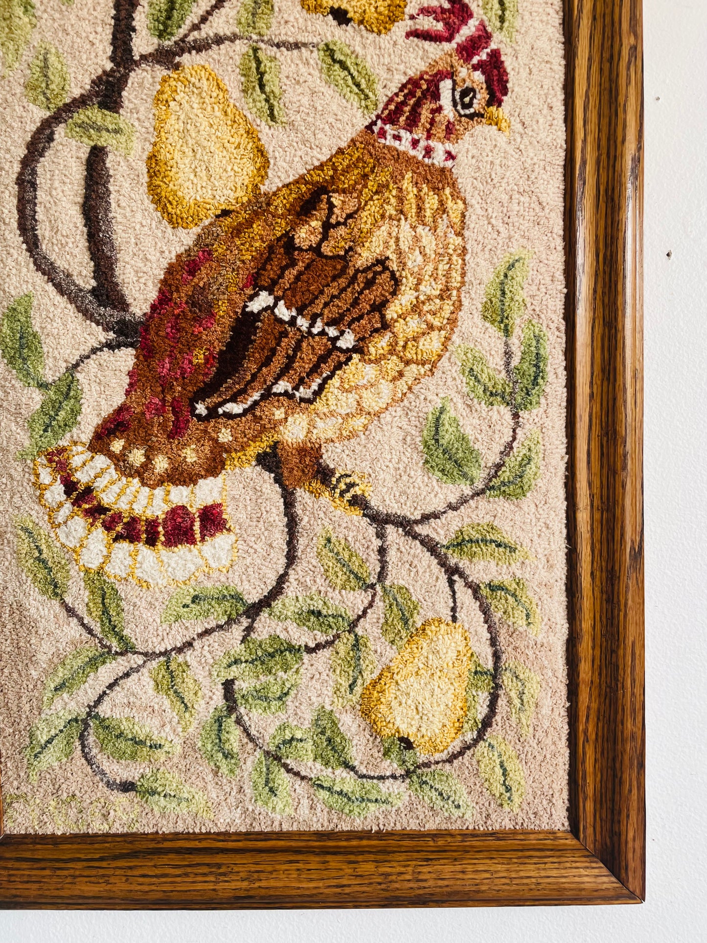 Vintage Stunning Partridge Bird in a Pear Tree Handmade Rug Hooking in Solid Wood Frame - No Shipping