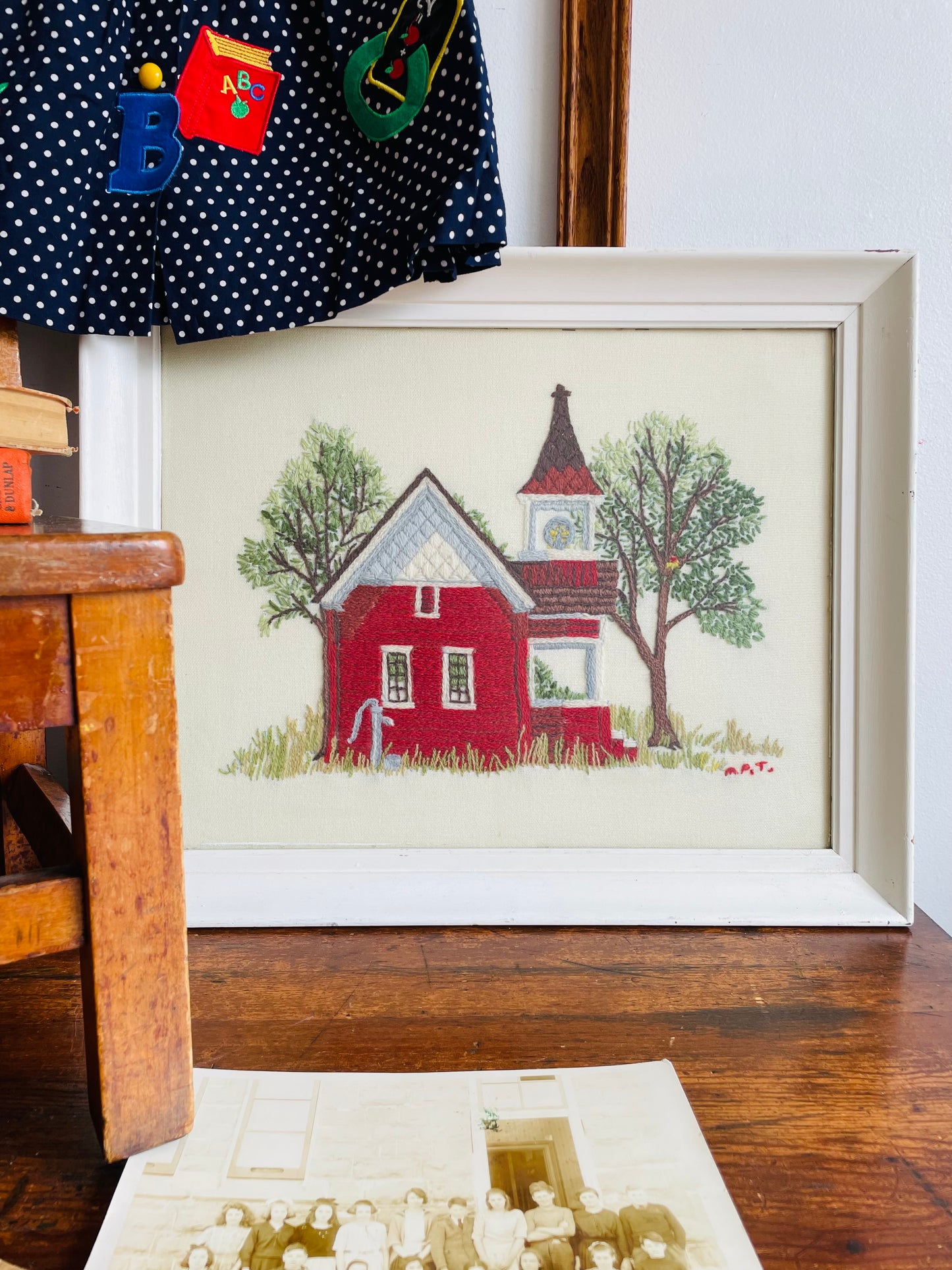 Absolutely Adorable Framed Crewel Needlepoint Embroidery Picture of Red One Room Schoolhouse