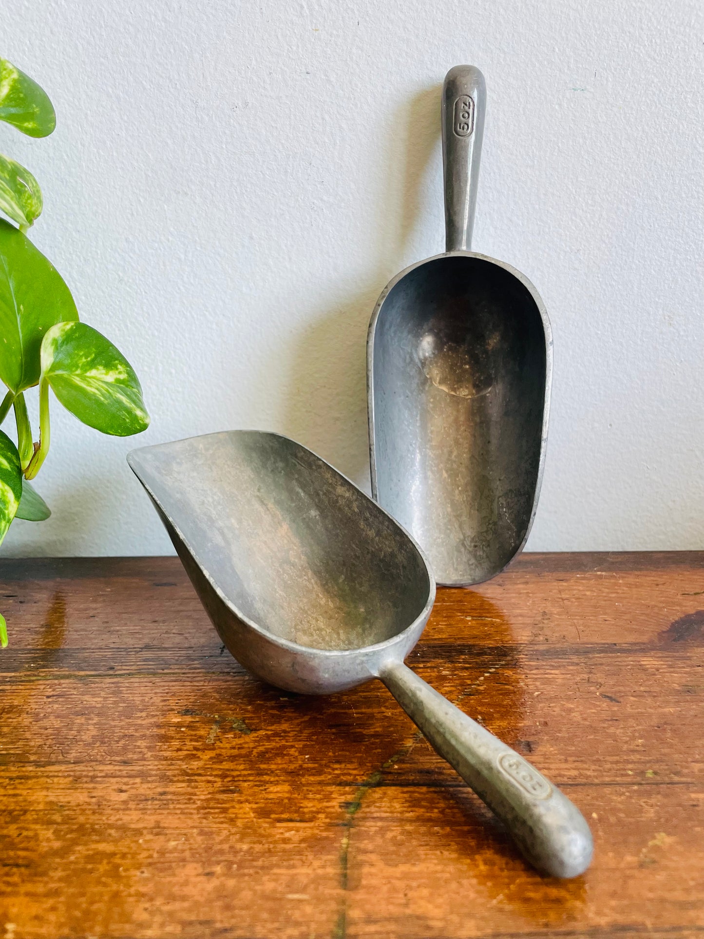 Vintage Pewter Metal 5 oz Scoops with Handles - Set of 2 - Made in Thailand