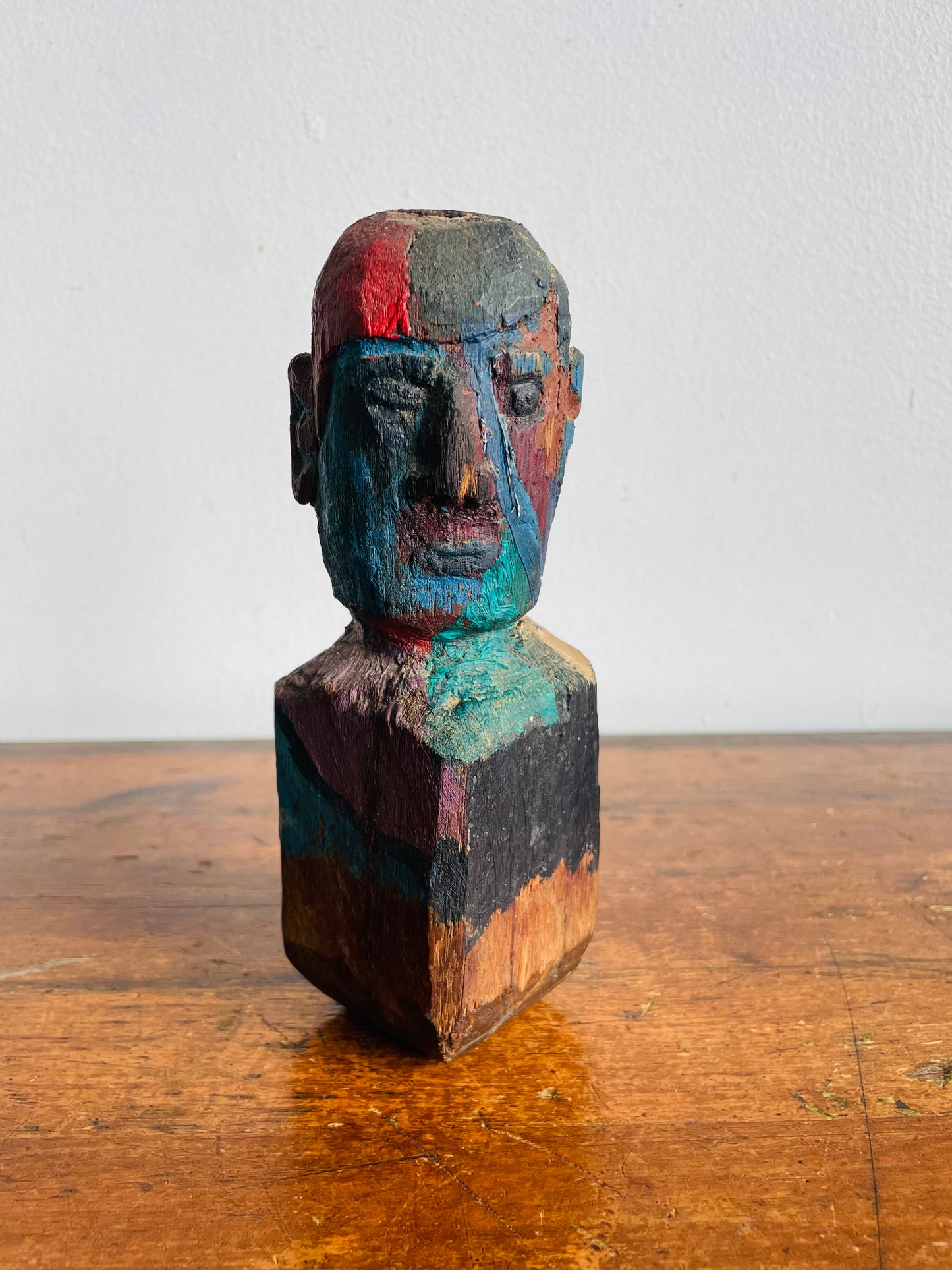 Vintage Hand Carved & Painted Wood Sculptural Head Figure Candle Holder - Found in the Workshop of Fort Erie Artist Estate