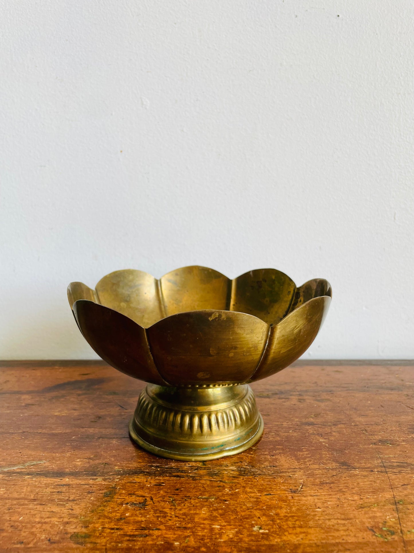 Vintage Brass Pedestal Bowl with Scalloped Rim