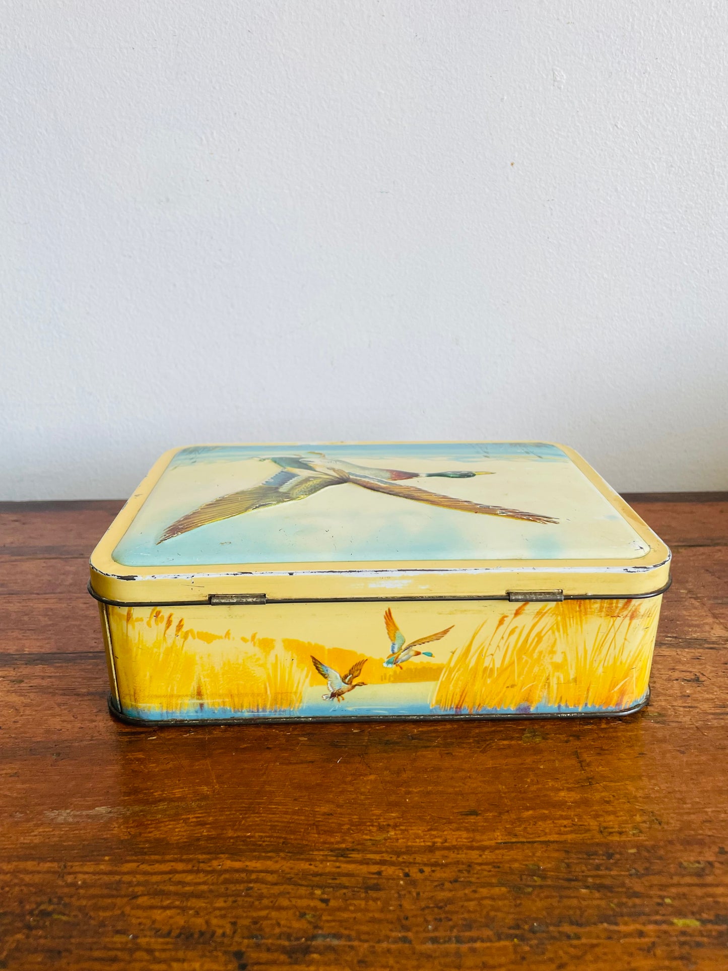Vintage Tin Container with Flying Duck Bird Over Lake & Mountains Design - MacFarlane Lang & Co's Biscuits
