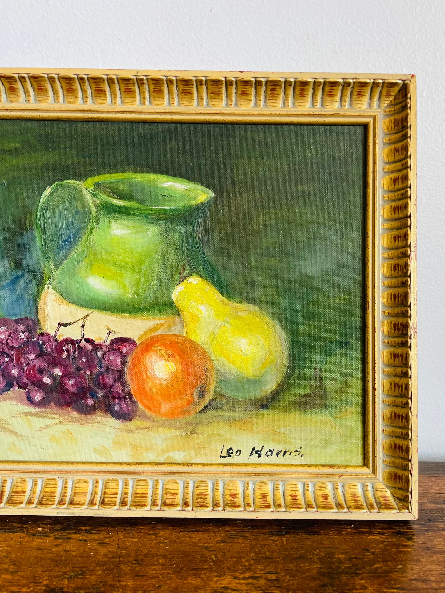 Vintage Original Art Painting of Still Life Scene with Fruit & Pottery Jug - Signed Leo Harris