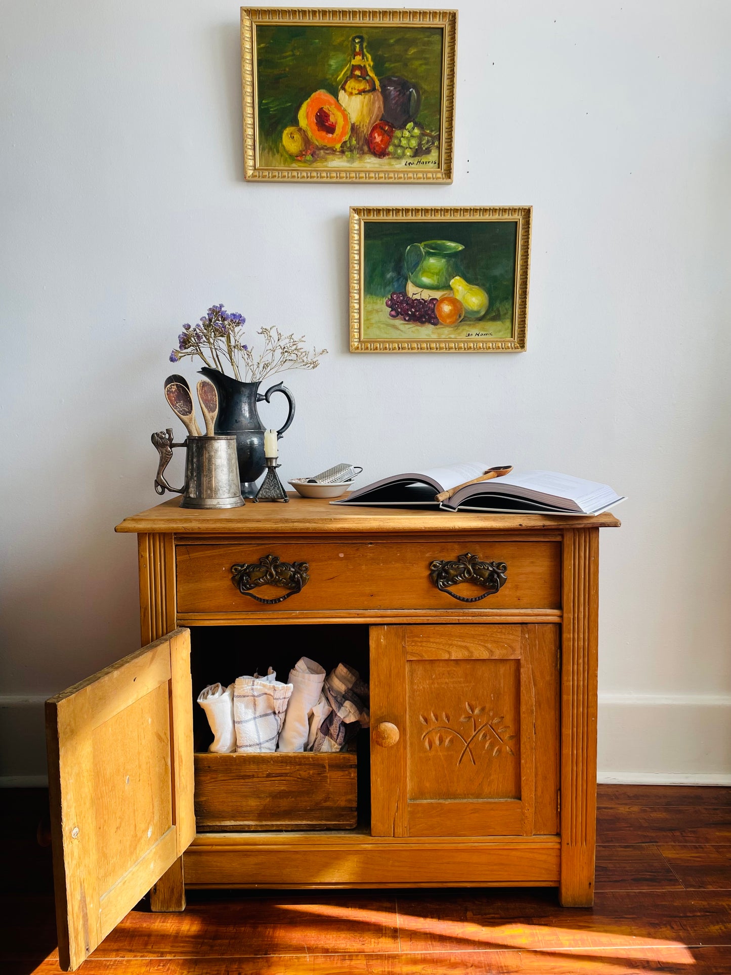 Vintage Original Art Painting of Still Life Scene with Fruit & Pottery Jug - Signed Leo Harris