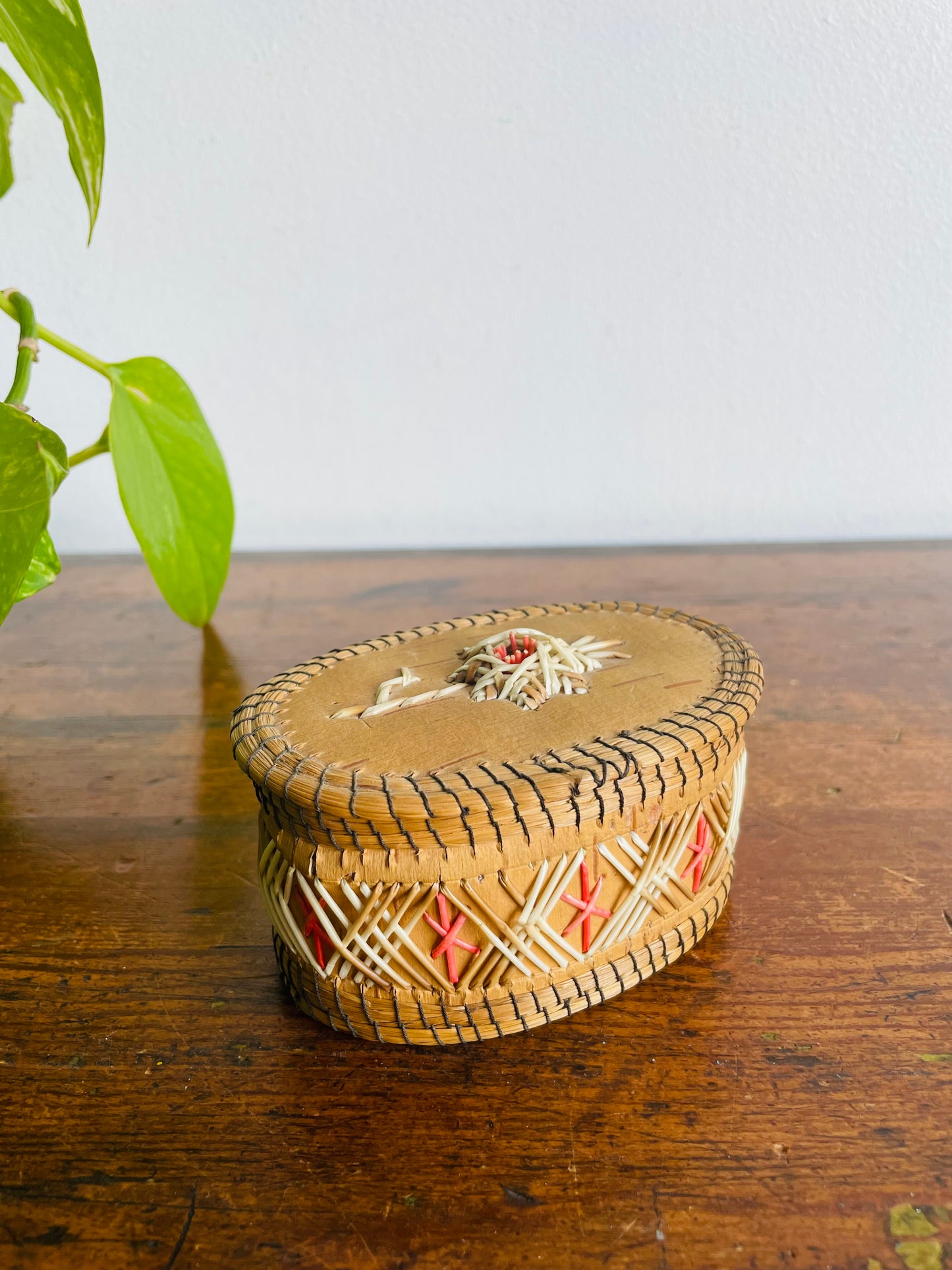 Indigenous Birch Bark & Porcupine Quill Oval Shaped Box with Lid