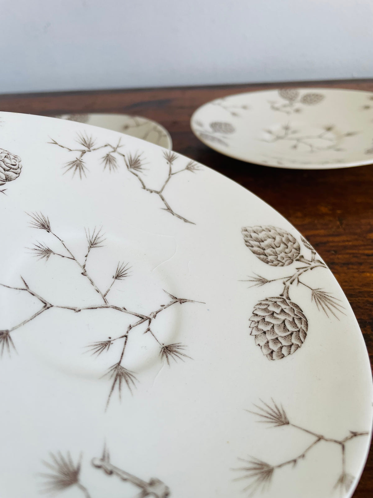 Vintage Wood & Sons "North Woods" Pattern Saucer Plates with Pinecone Design - Engraved by Hand - Made in England - Set of 3