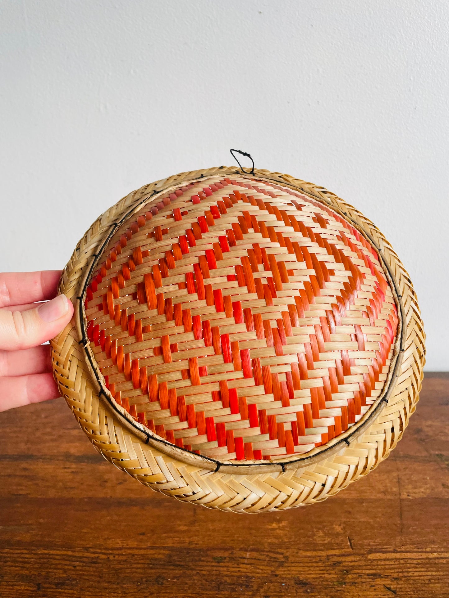 Woven Basket Bowl or Wall Hanging with Orange Design