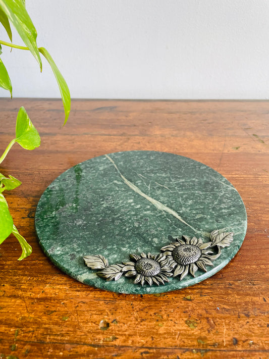 Round Green Marble Cheese Serving Board with Pewter Sunflower Design