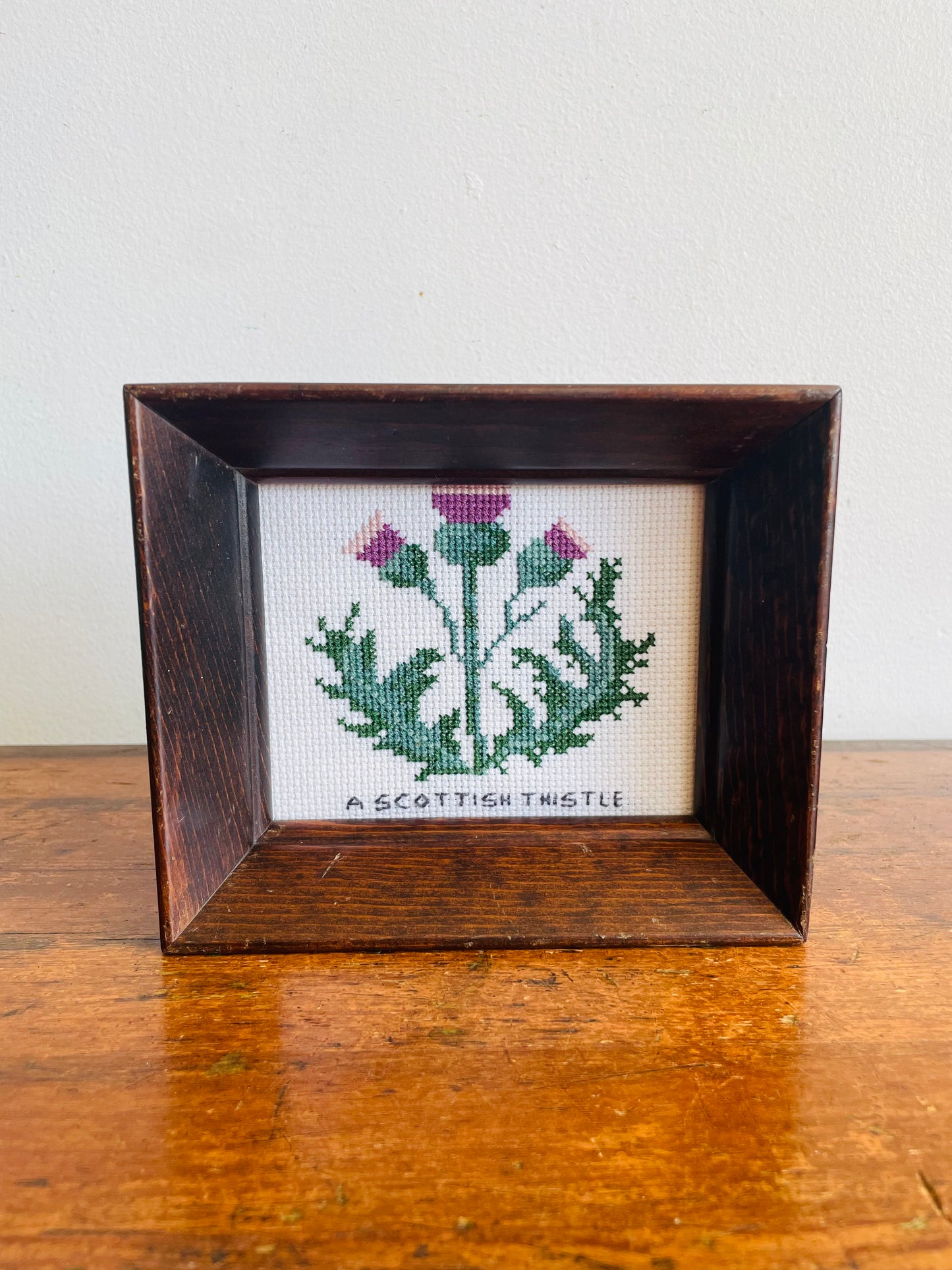Vintage Scottish Thistle Flower Cross Stitch Embroidery Picture in Chunky Wood Frame