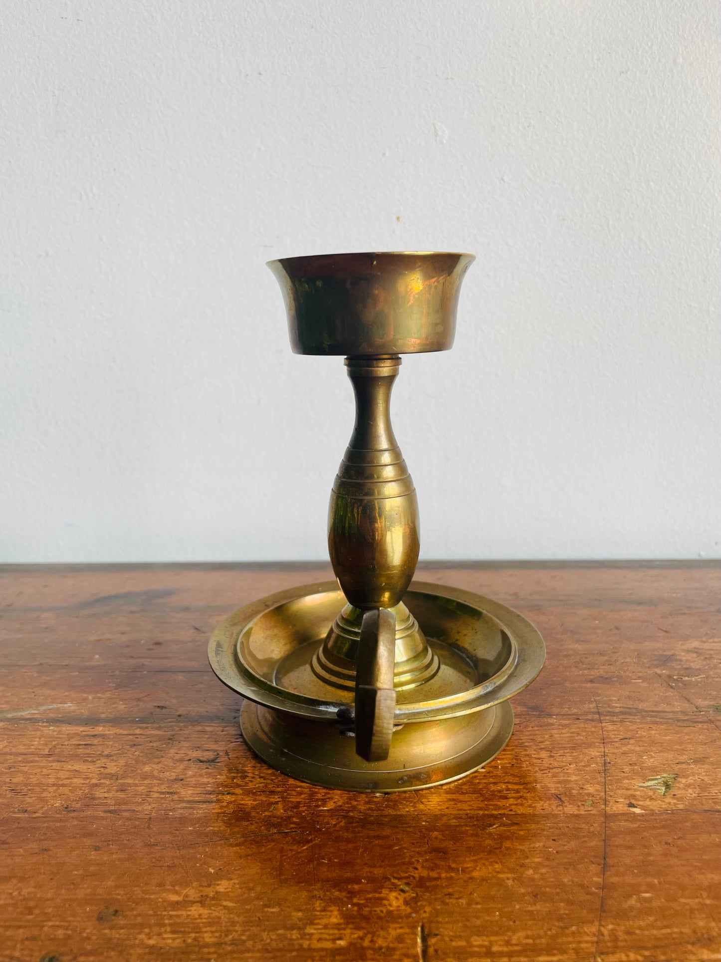 Vintage H Solid Brass Handmade Chamberstick Candle Holder with Spike - Can Hold Thicker Tapers - Made in India