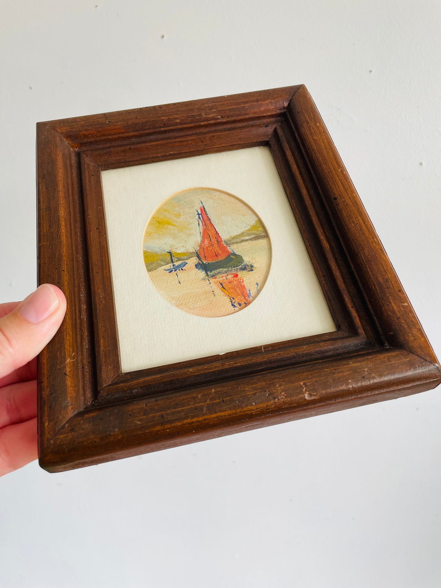Vintage Original Art Oval Painting Picture of Sailboats on Lake - Painting Found in Venice, Italy