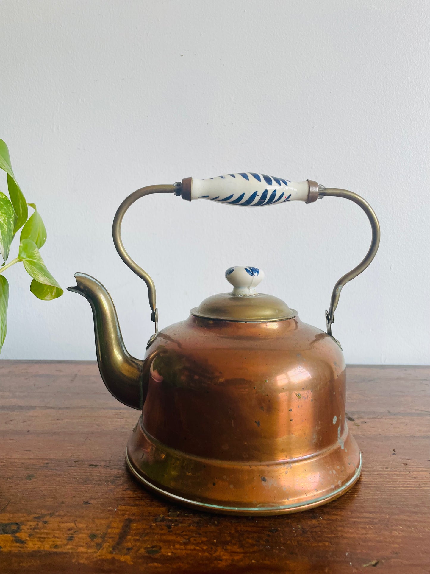 Copper Kettle with Blue & White Ceramic Handle