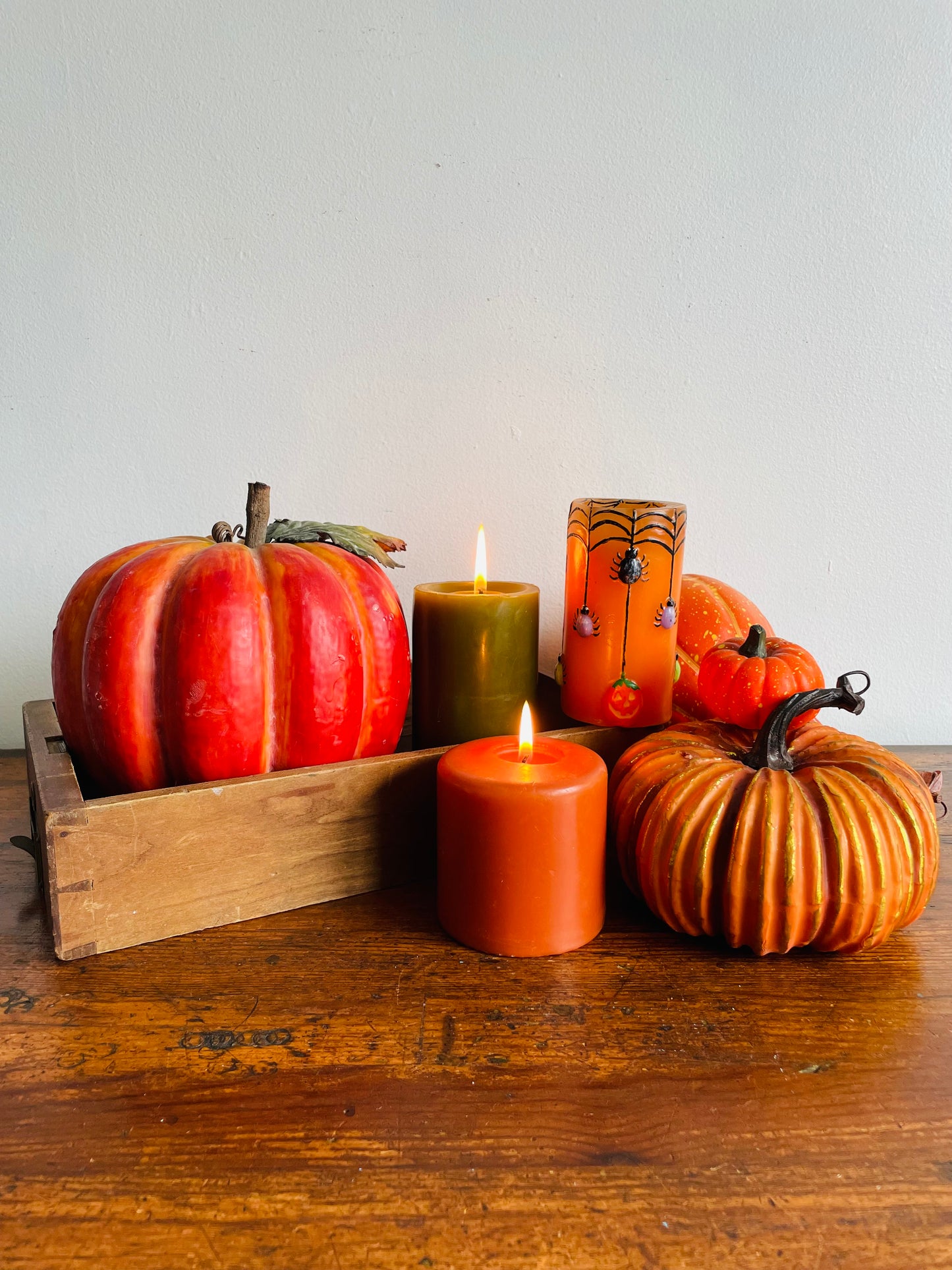 Orange Halloween Candle with Spiders, Web & Jack-o-Lanterns