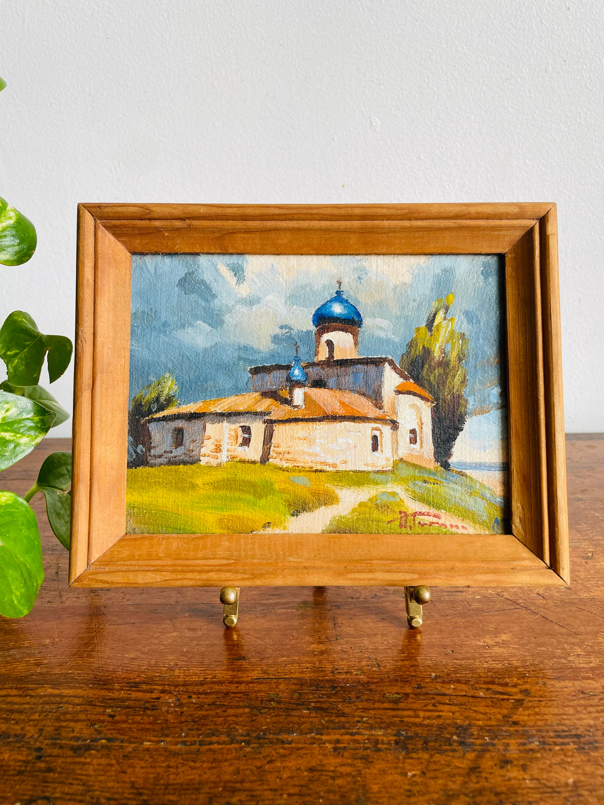 Vintage Original Art Painting Picture of Eastern European Church Landscape & Sky Scene