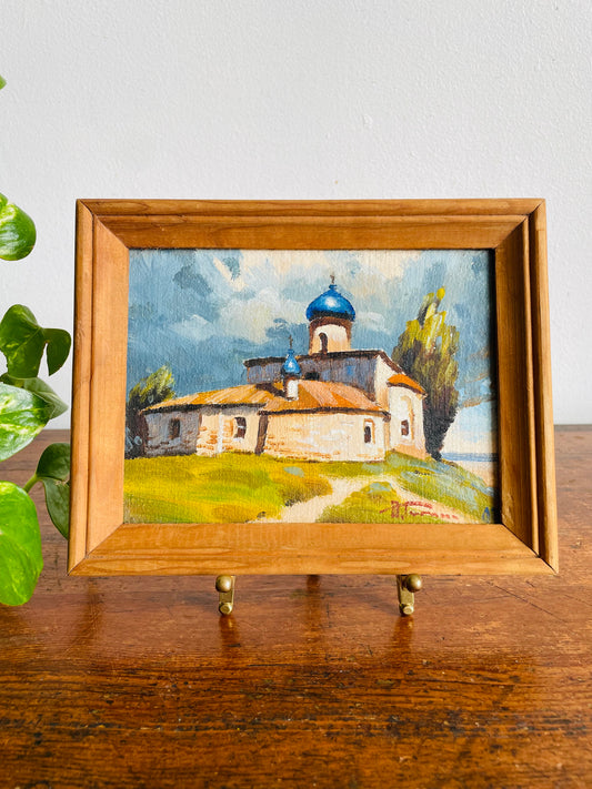 Vintage Original Art Painting Picture of Eastern European Church Landscape & Sky Scene