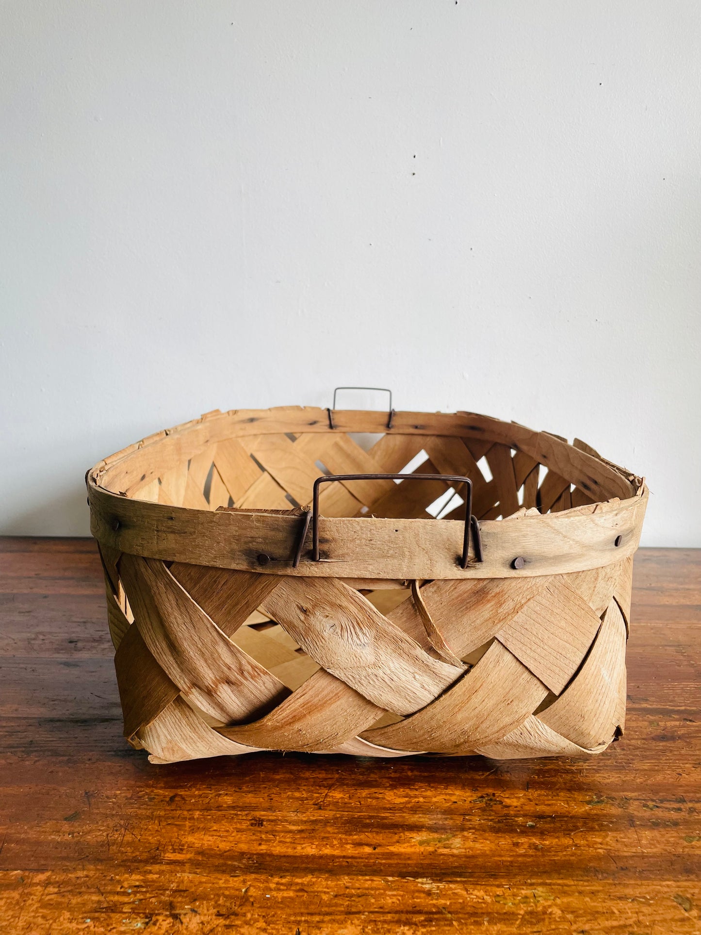 Vintage Oval Woven Wood Wide Slat Basket with Metal Handles - Great Storage & Can Hang Too!