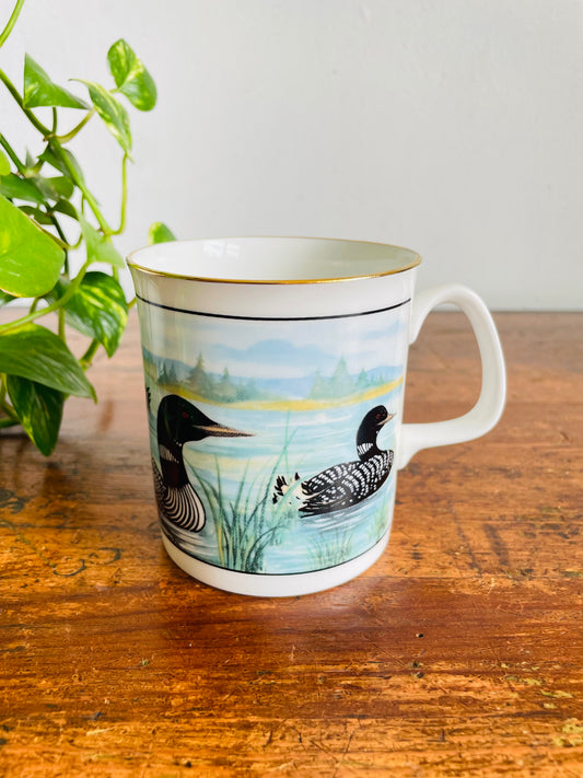 Vintage Mug With Loon Birds on Lake Graphic #2 - Sunrise Fine Bone China - Made in Canada