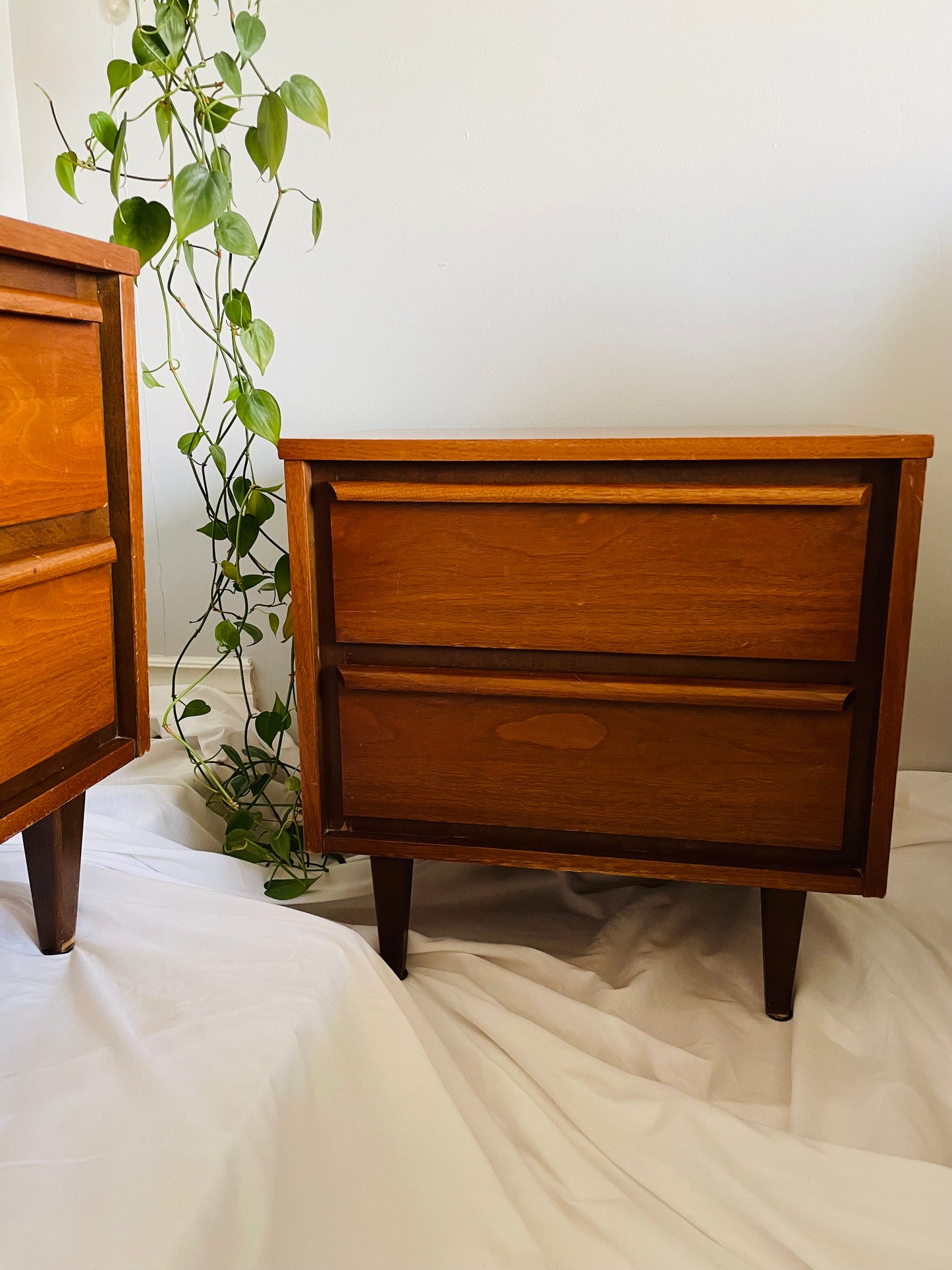 Mid-Century Modern Walnut Wood Nightstand Tables - Set of 2 - Stamped September 1966 - PICK-UP ONLY