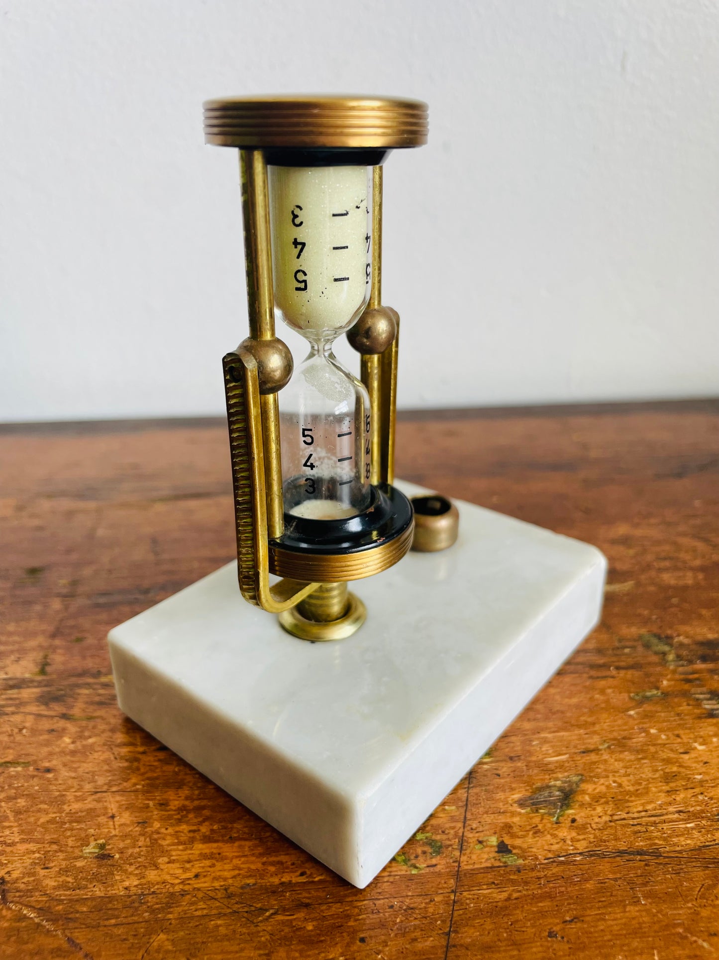 Vintage Brass & Glass Rotating Swinging Hourglass with White Sand on Marble Stone Base - Stylish & Useful!