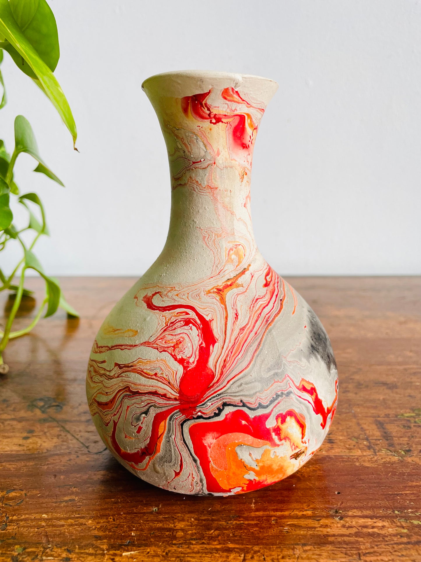 Vintage Nemadji Clay Pottery Vase - Red, Orange & Black Marbled Swirl Pattern - 6.5” Tall
