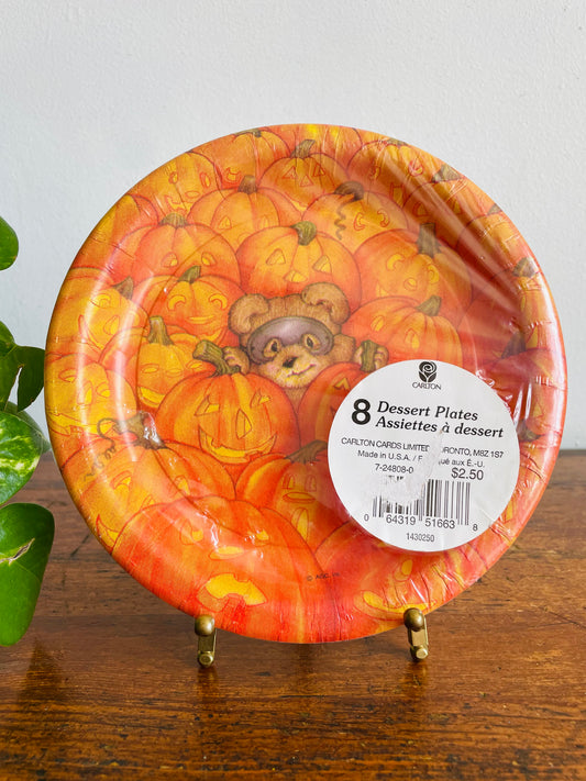 Vintage Deadstock Carlton Cards 7" Paper Dessert Plates with Halloween Teddy Bear Hiding Among Pumpkins Design - Set of 8