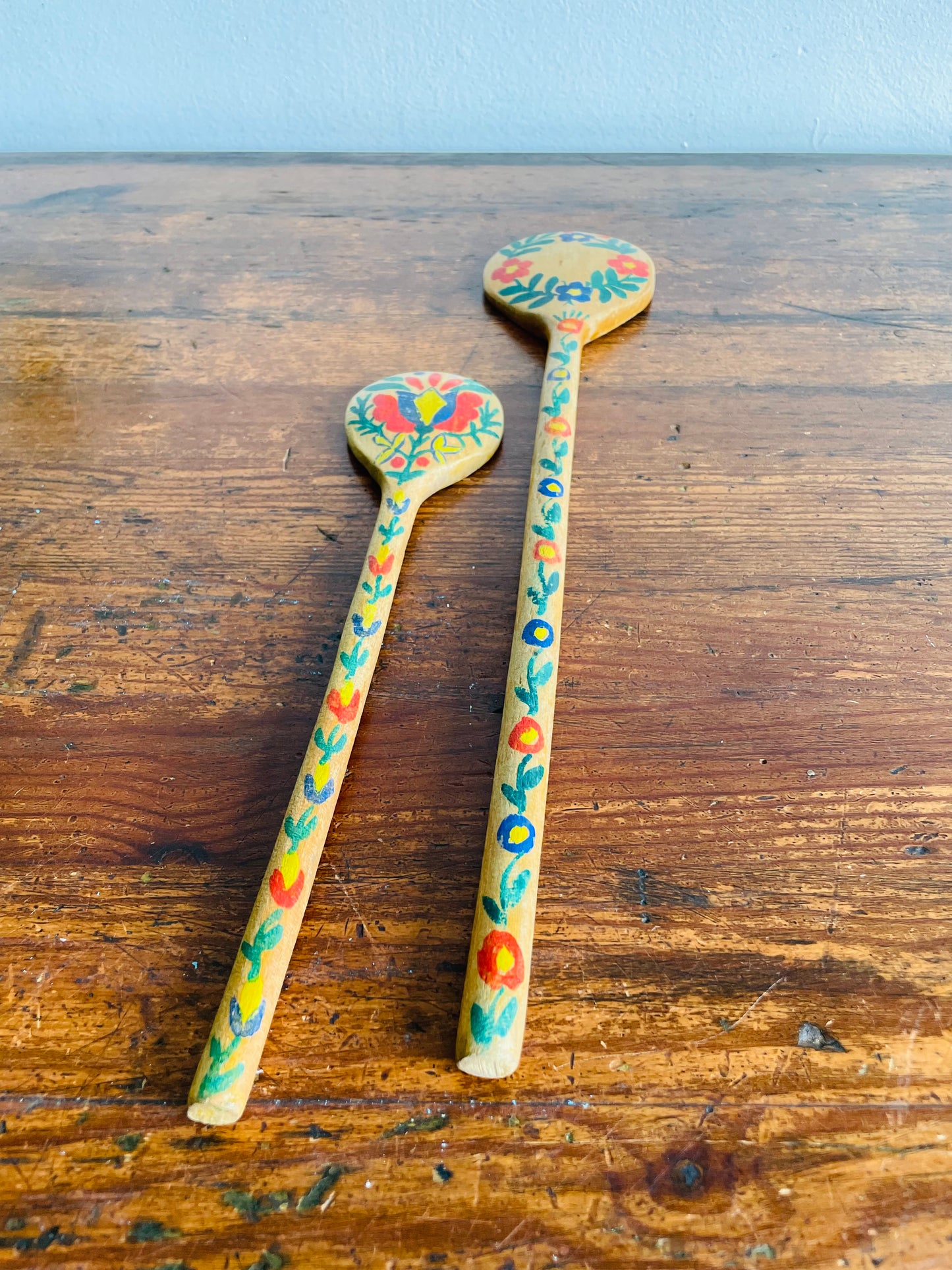 Hand Painted Wooden Spoons with Folk Art Flower Design - Set of 2