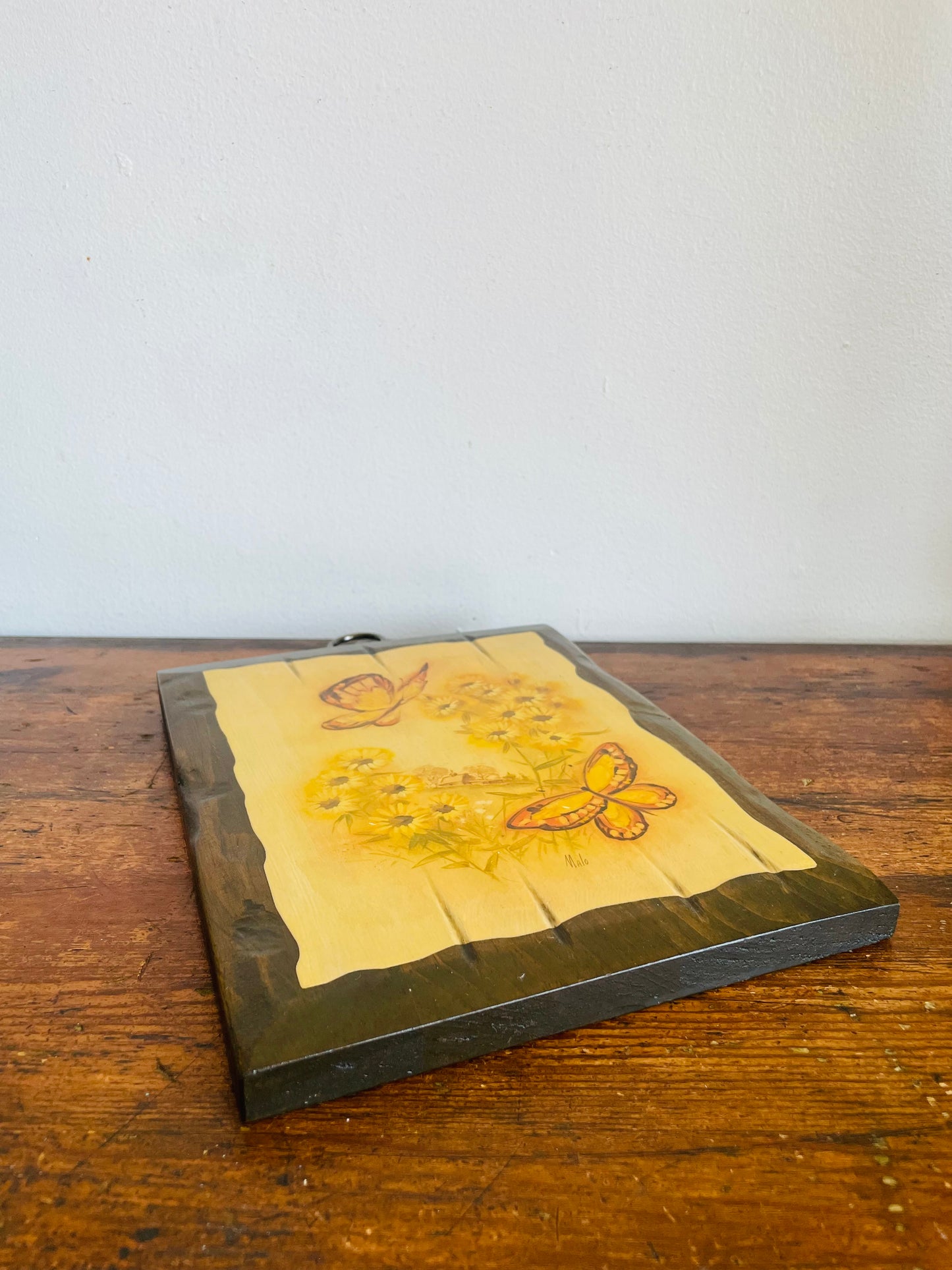 Vintage Wood Plaque Picture with Yellow & Orange Butterflies & Flowers