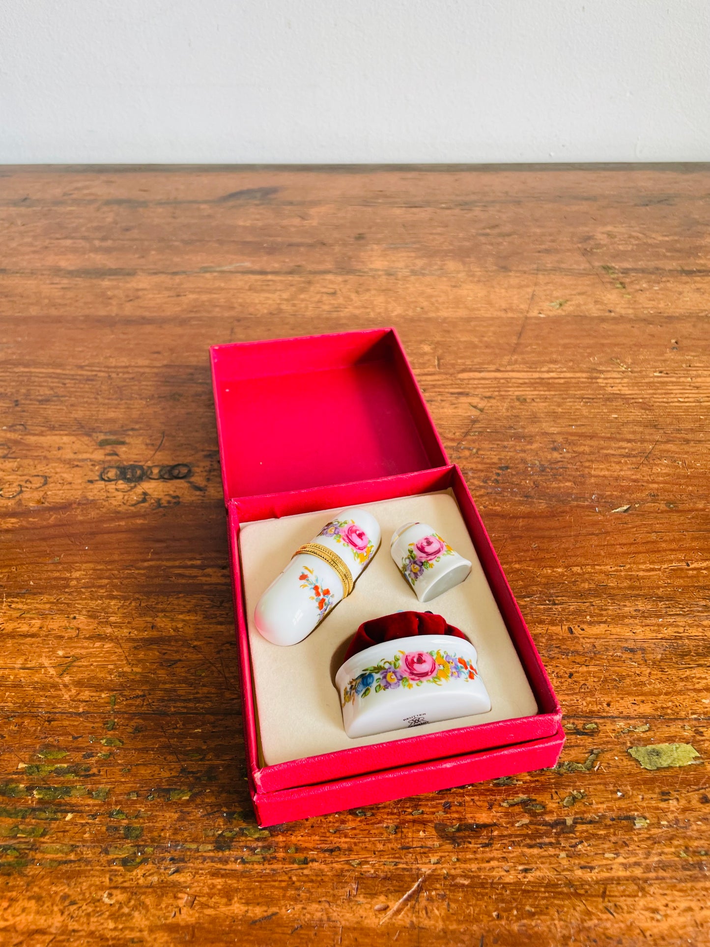 Brand New Vintage Porcelain Sewing Notions Gift Set in Original Box - Reutter Porzellan Germany - Includes Thimble, Pincushion & Needle Holder