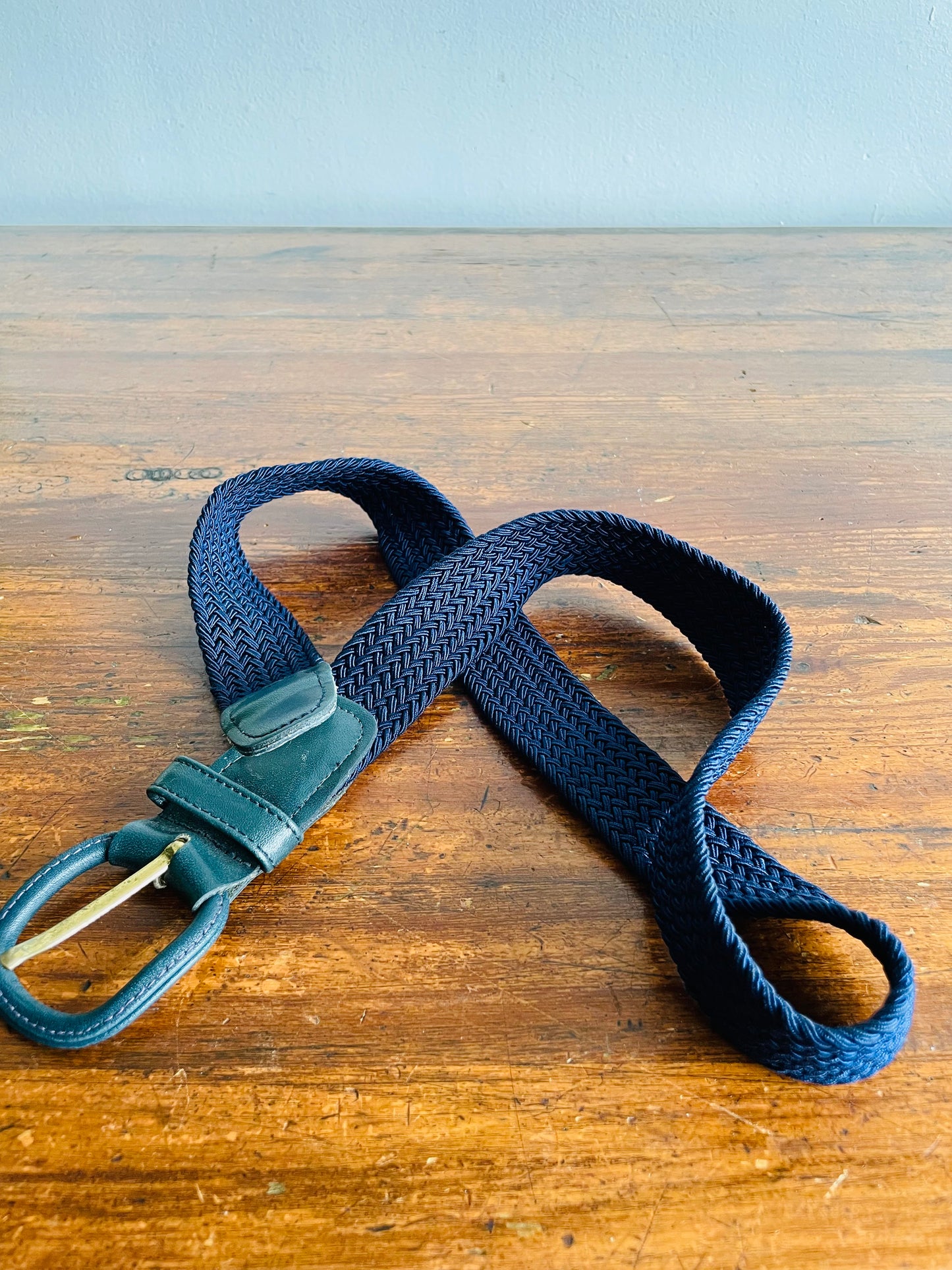 Navy Blue Braided Rope Belt with Leather Buckle - Very Stretchy Rope!