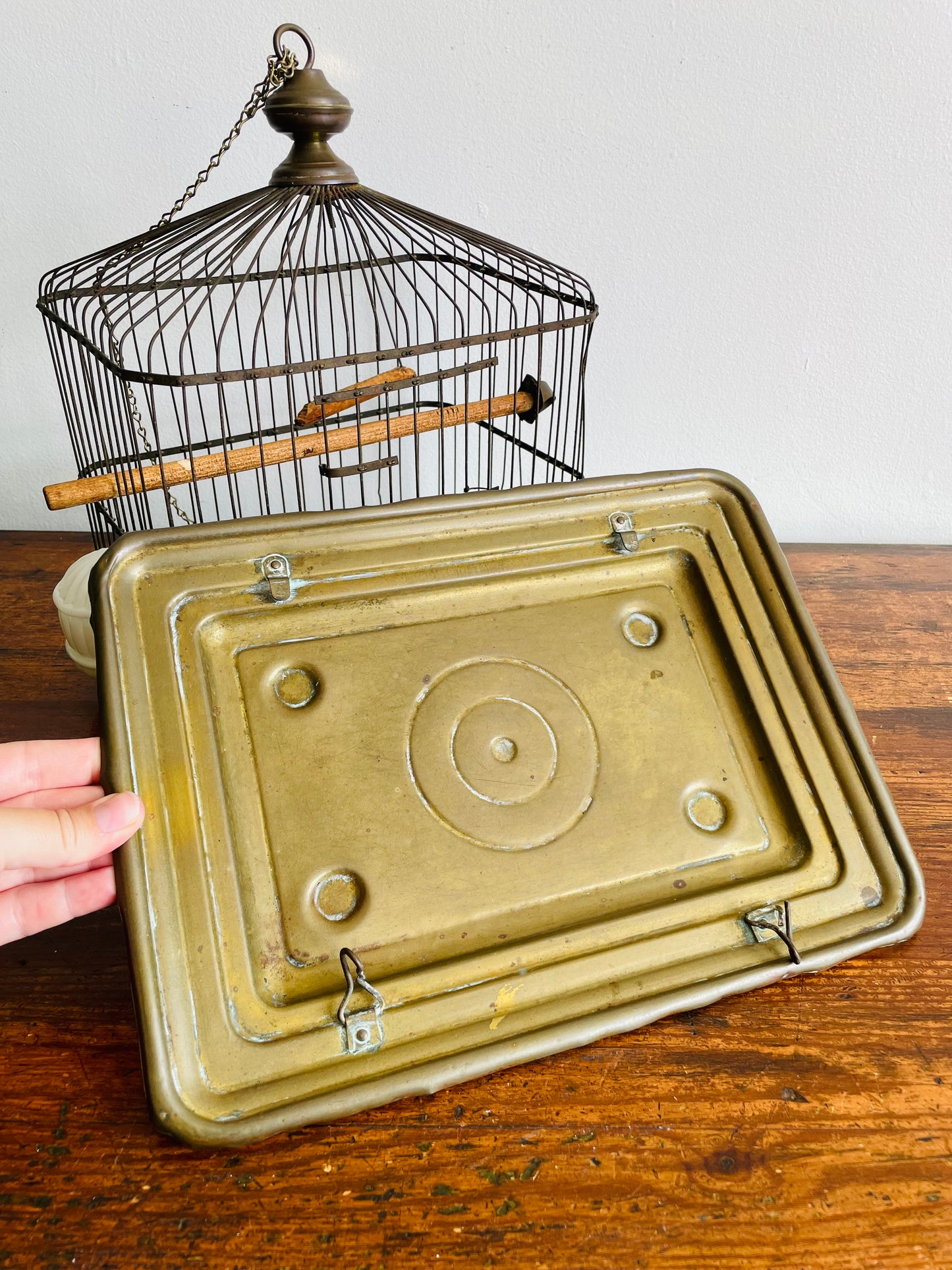 Antique Hendryx Brass & Metal Wire Bird Cage with Wood Perches & Milk Glass Food Dish - Art Deco Decor