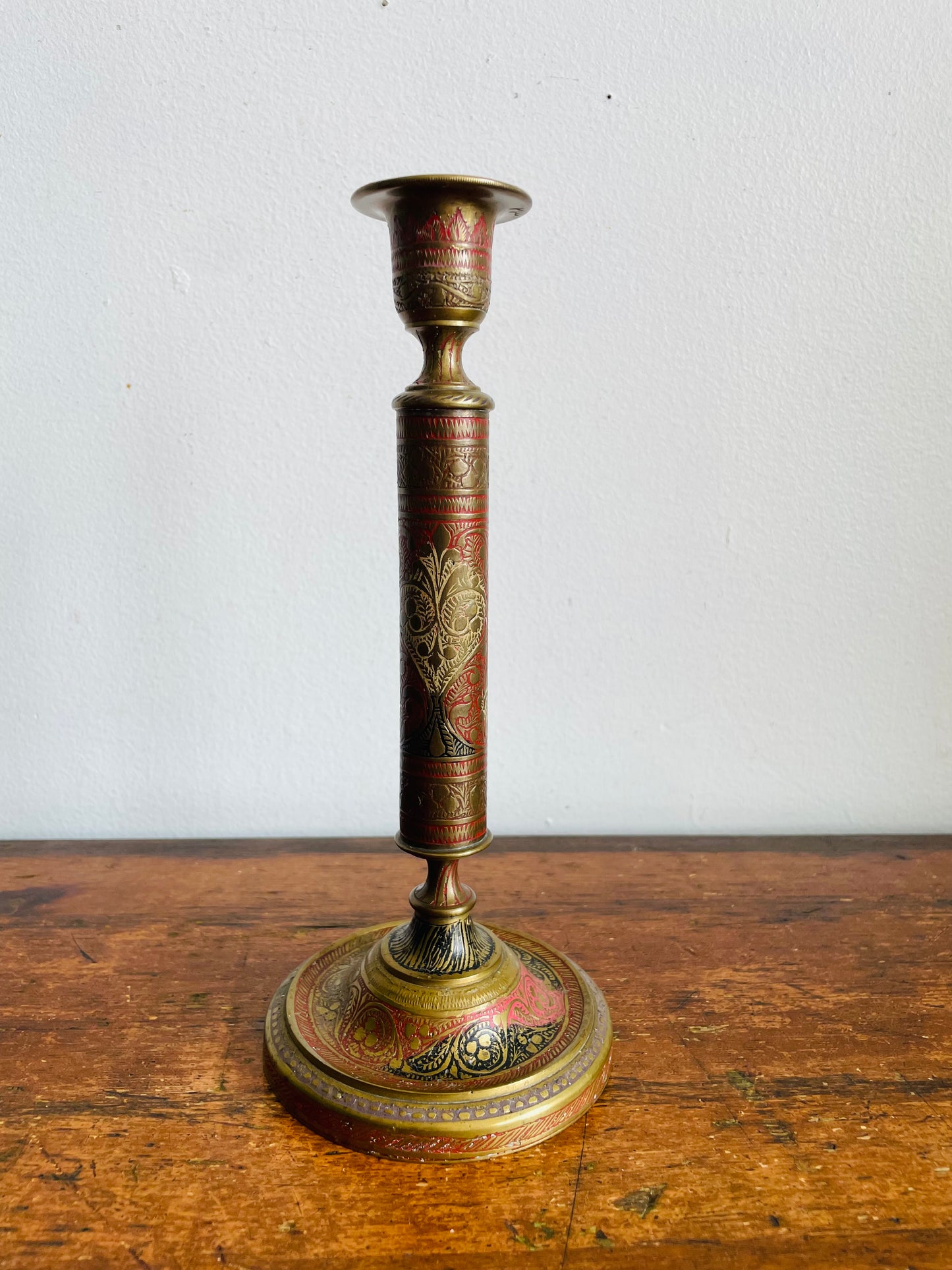 Vintage Solid Enamelled Brass 9" Tall Candle Holder