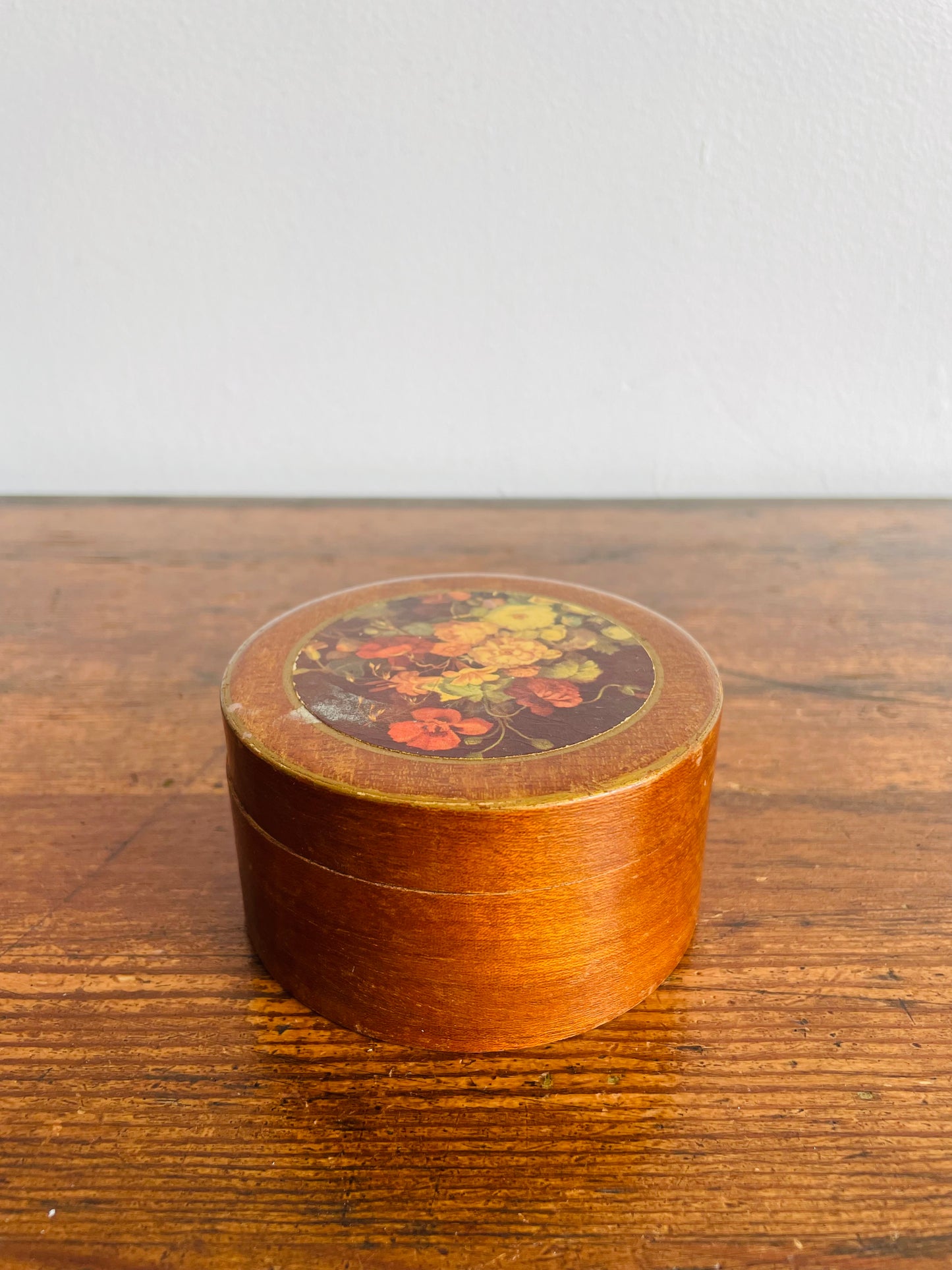 Round Wood & Tin Trinket Box with Floral Lid