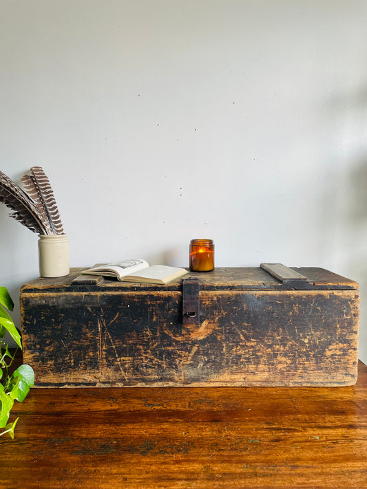 Vintage Solid & Rustic Wood Box Trunk with Beautiful Aged Patina, Metal Latch to Close, Hinged Lid & Leather Handles - Great Indoor or Outdoor Porch Decor!