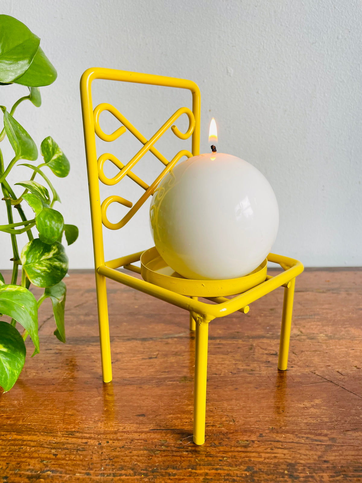 Vintage Bright & Cheerful Yellow Metal Candle Holder Chair or 3" Plant Pot Holder - Made in Taiwan