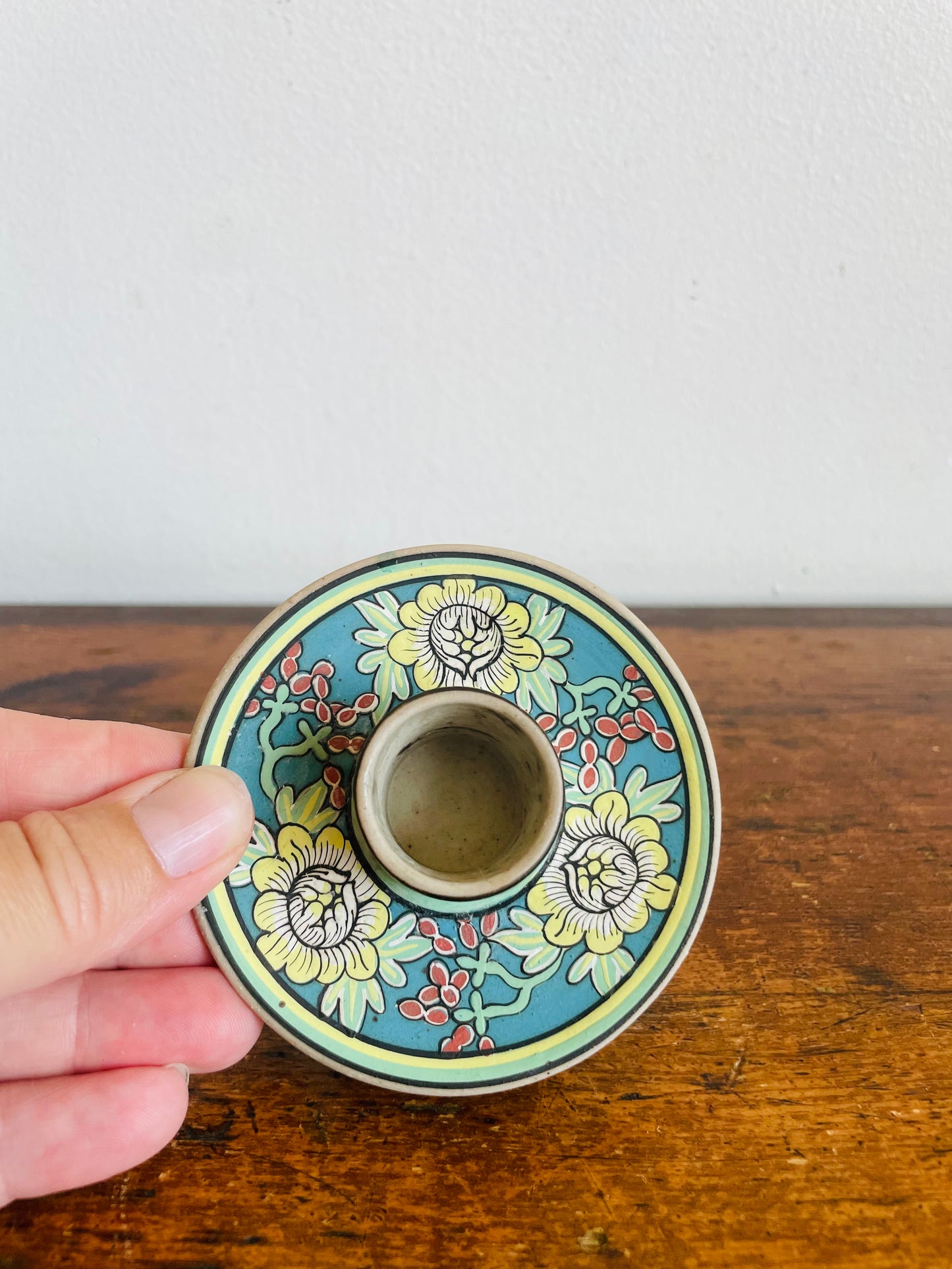 Vintage Baan Celadon Chiang Mai Pottery Candle Holder with Beautiful Flower Design - Made in Thailand