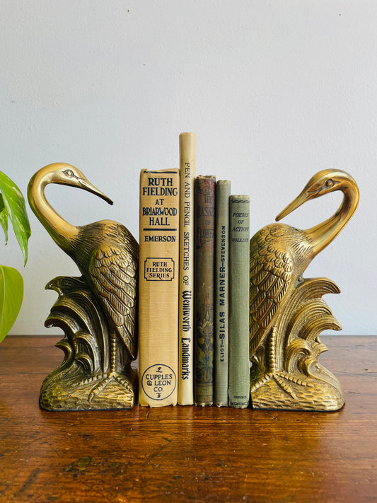 Solid Brass Heron or Crane Bird Bookends - Set of 2 - 1991 Made in Korea