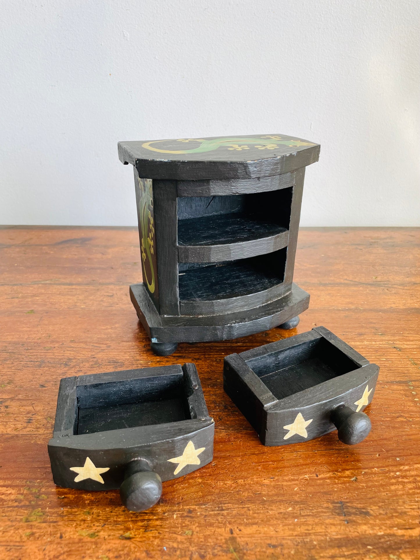 Vintage Black Wooden Mini Dresser Jewellery Box with Painted Star & Gecko Lizard Design - 2 Drawers & Knob Feet