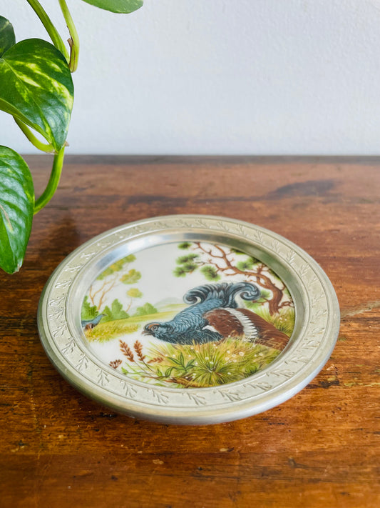 Vintage Kaiser West Germany Porcelain & Pewter Coaster, Trinket Dish, or Wall Hanging Picture with Game Bird in Forest Design - Includes Optional Wall Hanging Hook