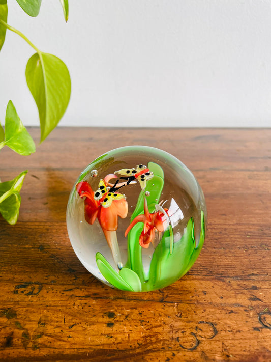 Italian Murano-Style Blown Glass Paperweight with Butterflies & Flowers