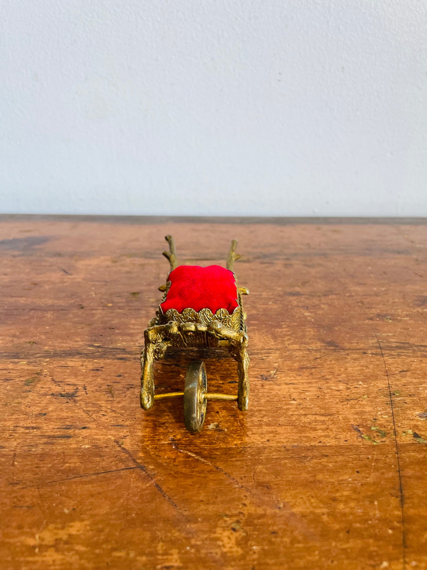 Vintage Miniature Brass Wheelbarrow Pin Cushion