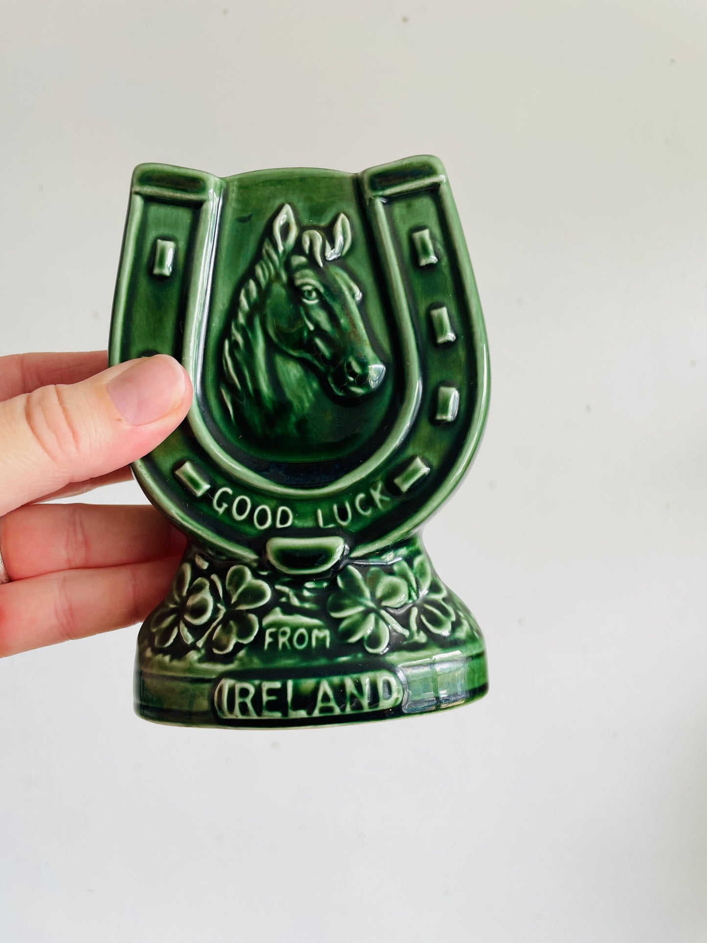Vintage Green Sylvac 4110 Good Luck From Ireland Vase, Match, or Incense Holder with Horseshoe Horse Equestrian Design #1 - Made in England