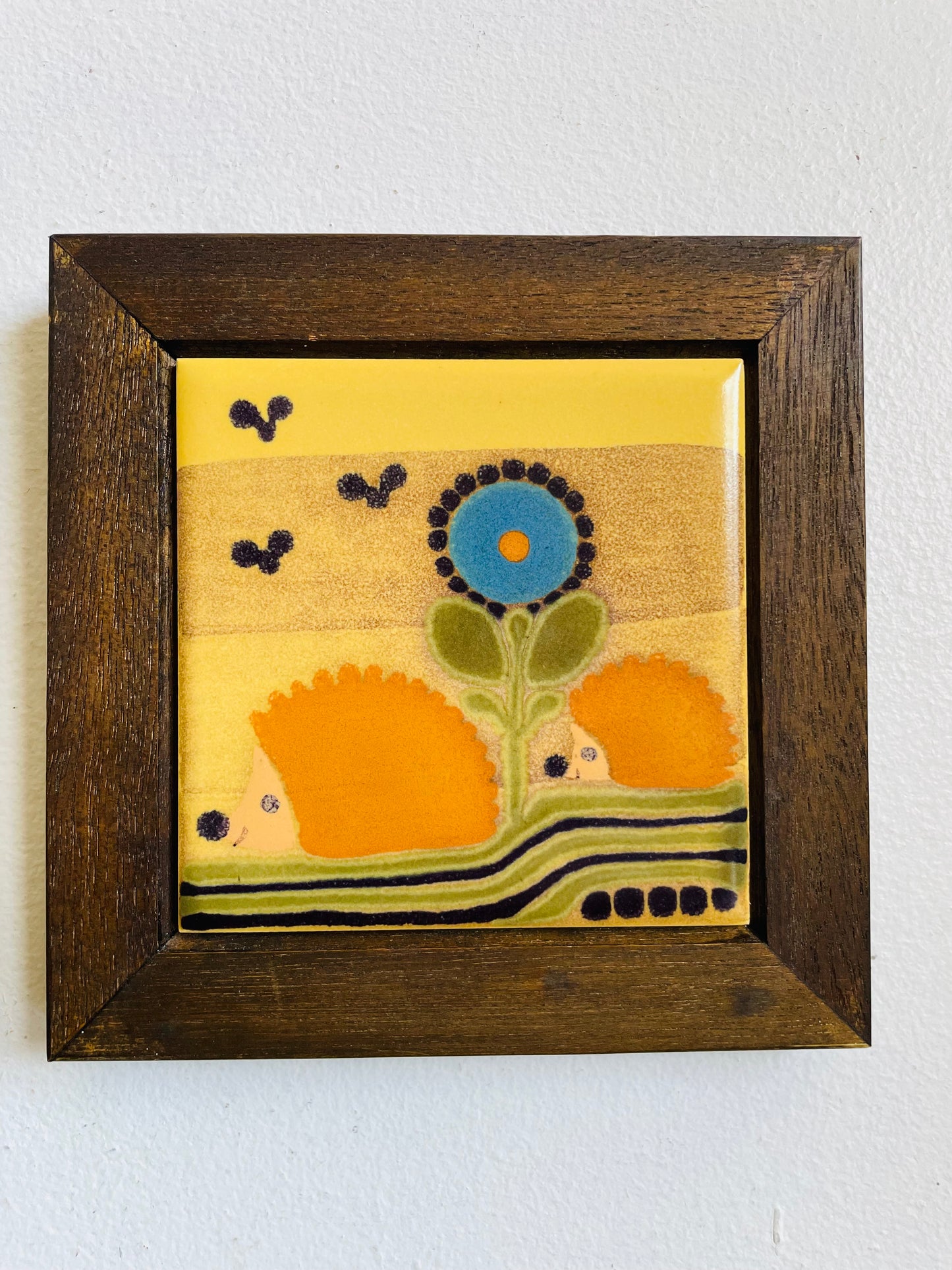 Vintage 1970s KMK Manuell German Hand Painted Studio Art Pottery Wall Hanging Tile Art in Wood Frame with Adorable & Bright Hedgehog & Flower Design