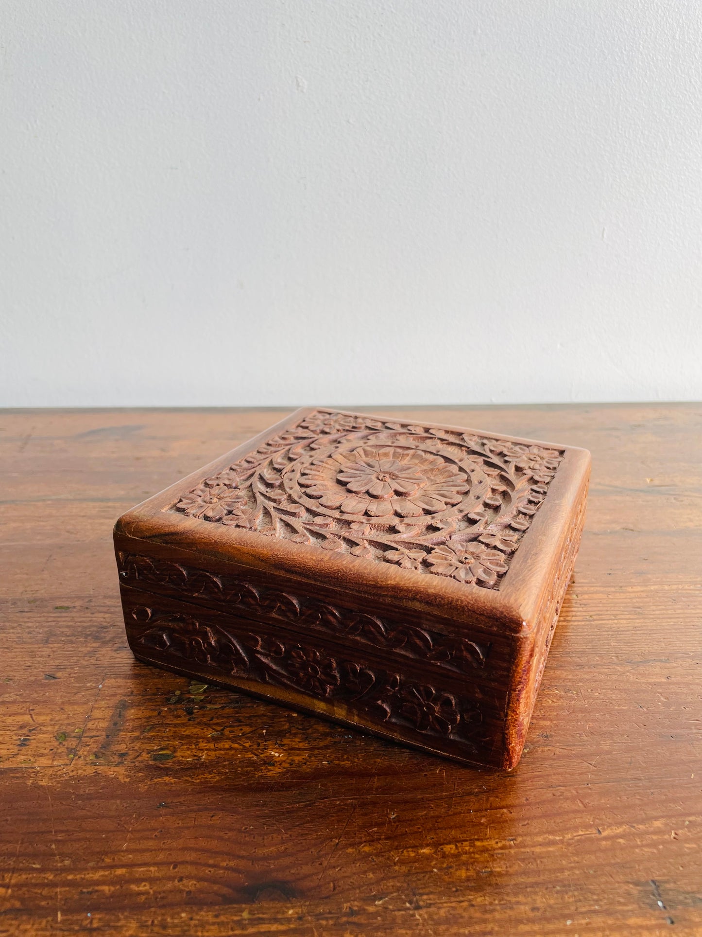 Square Indian Rosewood Box with Hinged Lid & Ornate Carved Flower Design