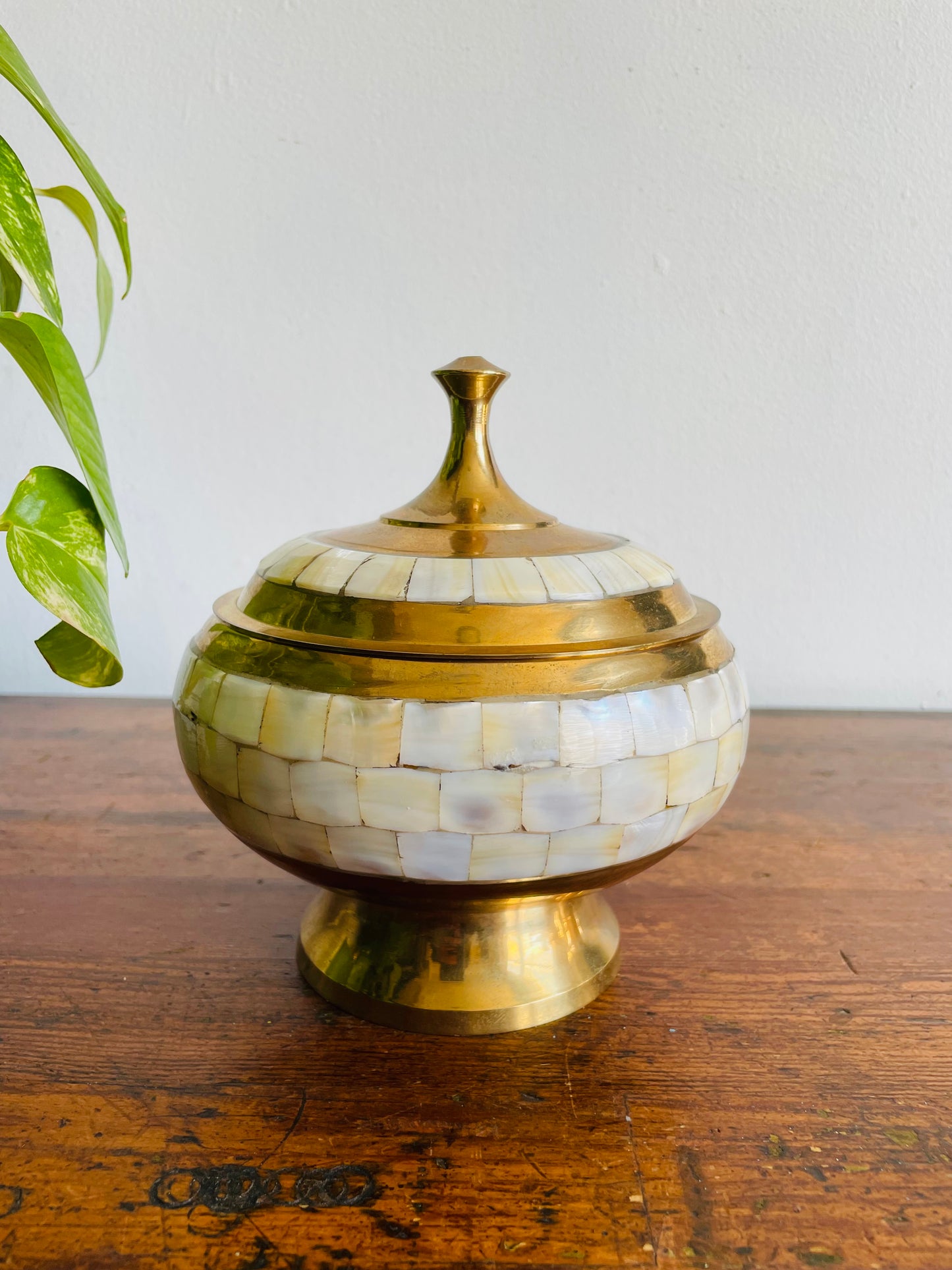 Beautiful Brass Pedestal Bowl with Lid & Inlaid Mother of Pearl Tiles