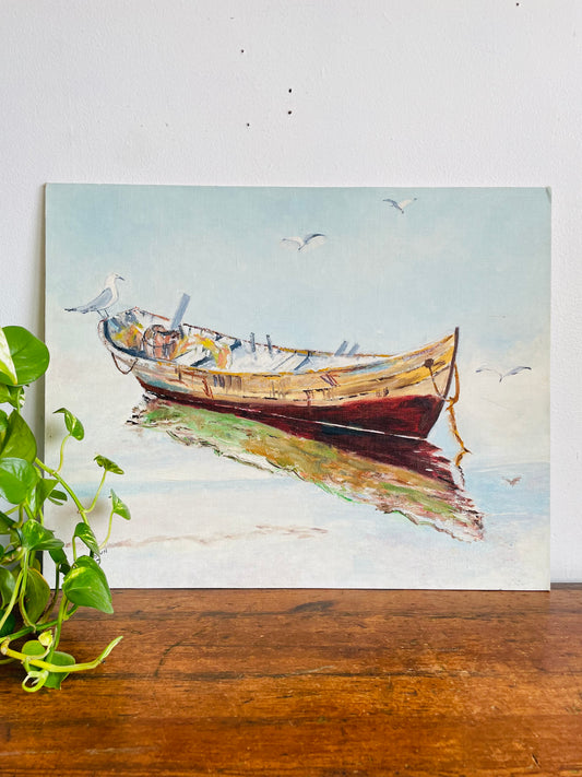 Vintage 1977 Original Art Painting on Board of Small Fishing Boat Anchored Along Shore & Seagull Birds - Artist Signed - No Shipping