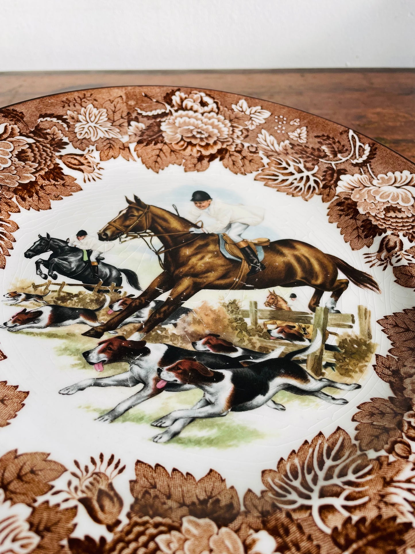 Vintage Wood & Sons Alpine White Ironstone Plate with Brown Flowers, Equestrian / Horse Riders & Dog Design - Made in England