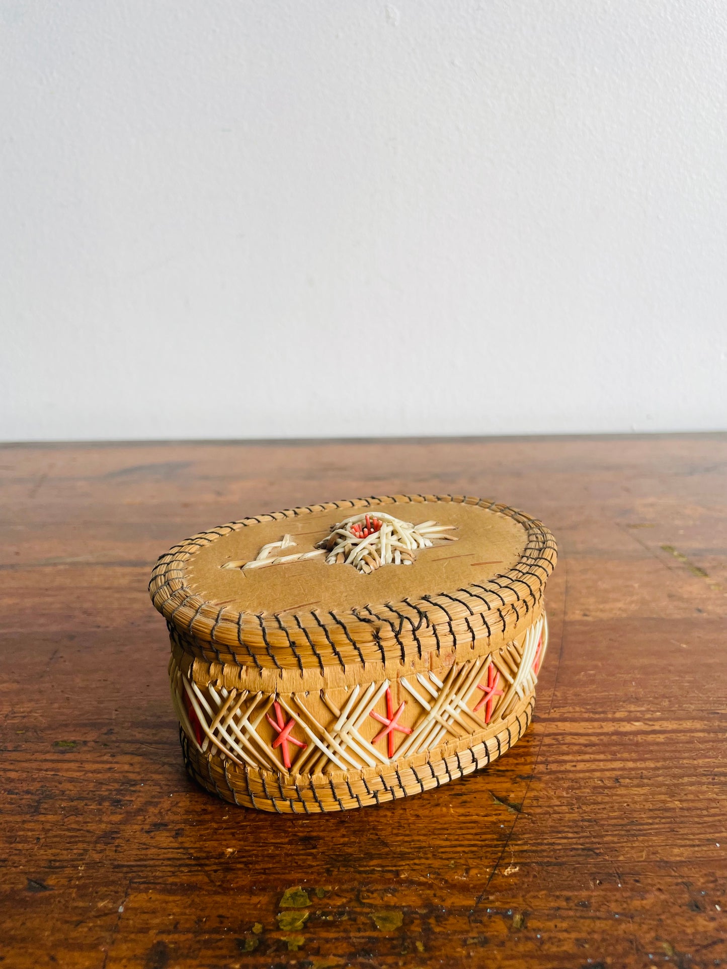 Indigenous Birch Bark & Porcupine Quill Oval Shaped Box with Lid