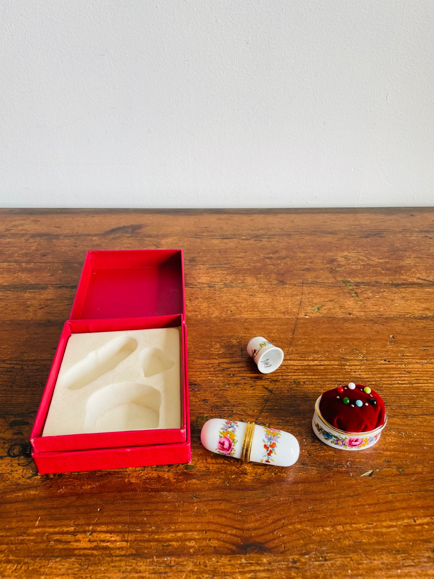 Brand New Vintage Porcelain Sewing Notions Gift Set in Original Box - Reutter Porzellan Germany - Includes Thimble, Pincushion & Needle Holder